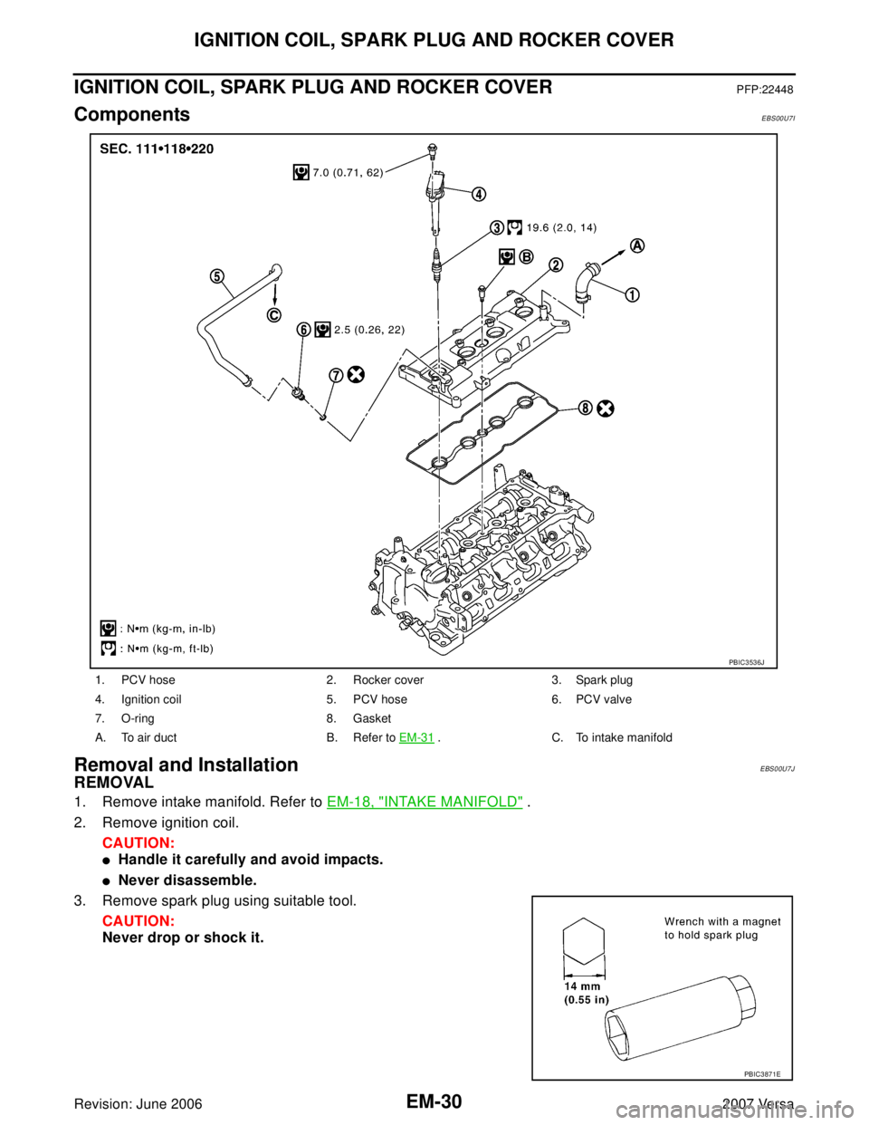 NISSAN LATIO 2007  Service Repair Manual EM-30Revision: June 2006
IGNITION COIL, SPARK PLUG AND ROCKER COVER
2007 Versa
IGNITION COIL, SPARK PLUG AND ROCKER COVERPFP:22448
ComponentsEBS00U7I
Removal and InstallationEBS00U7J
REMOVAL
1. Remove