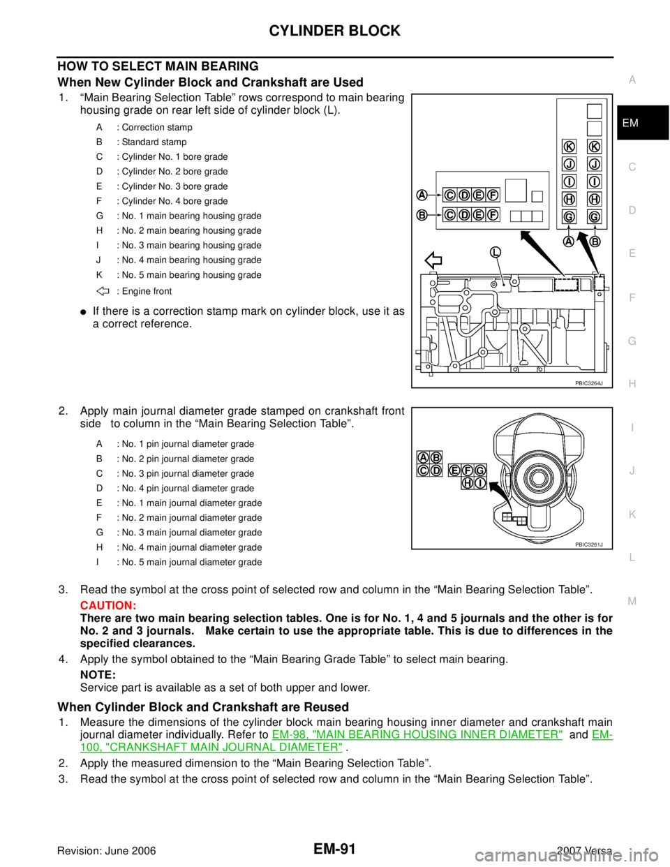 NISSAN LATIO 2007  Service Repair Manual CYLINDER BLOCK
EM-91
C
D
E
F
G
H
I
J
K
L
MA
EM
Revision: June 20062007 Versa
HOW TO SELECT MAIN BEARING
When New Cylinder Block and Crankshaft are Used
1. “Main Bearing Selection Table” rows corre