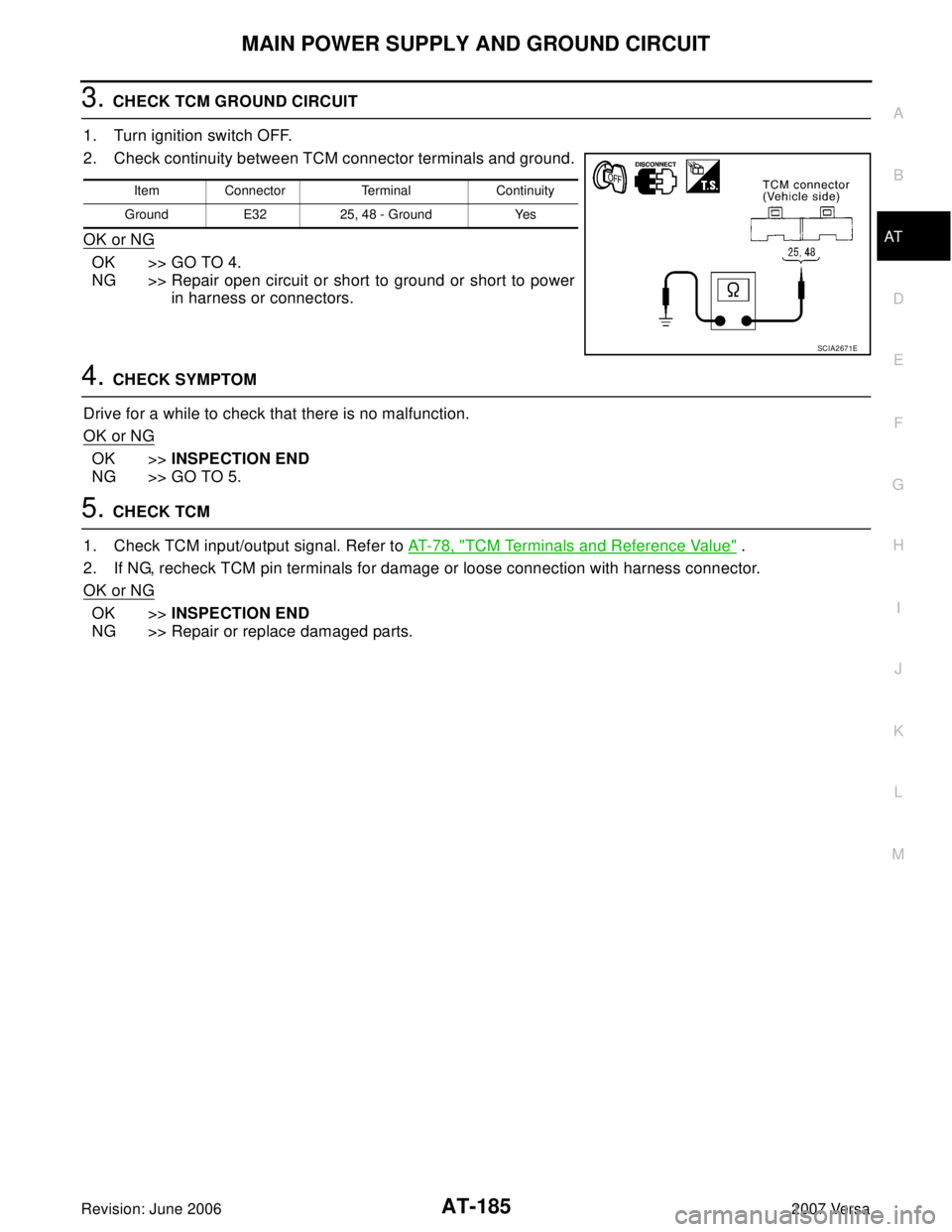 NISSAN LATIO 2007  Service Repair Manual MAIN POWER SUPPLY AND GROUND CIRCUIT
AT-185
D
E
F
G
H
I
J
K
L
MA
B
AT
Revision: June 20062007 Versa
3. CHECK TCM GROUND CIRCUIT
1. Turn ignition switch OFF.
2. Check continuity between TCM connector t