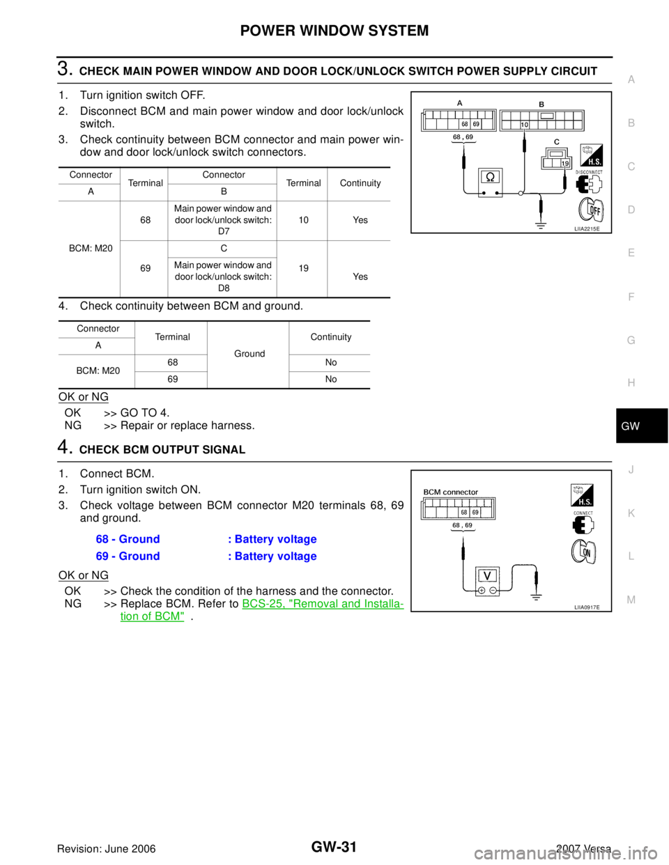 NISSAN LATIO 2007  Service Repair Manual POWER WINDOW SYSTEM
GW-31
C
D
E
F
G
H
J
K
L
MA
B
GW
Revision: June 20062007 Versa
3. CHECK MAIN POWER WINDOW AND DOOR LOCK/UNLOCK SWITCH POWER SUPPLY CIRCUIT 
1. Turn ignition switch OFF.
2. Disconnec
