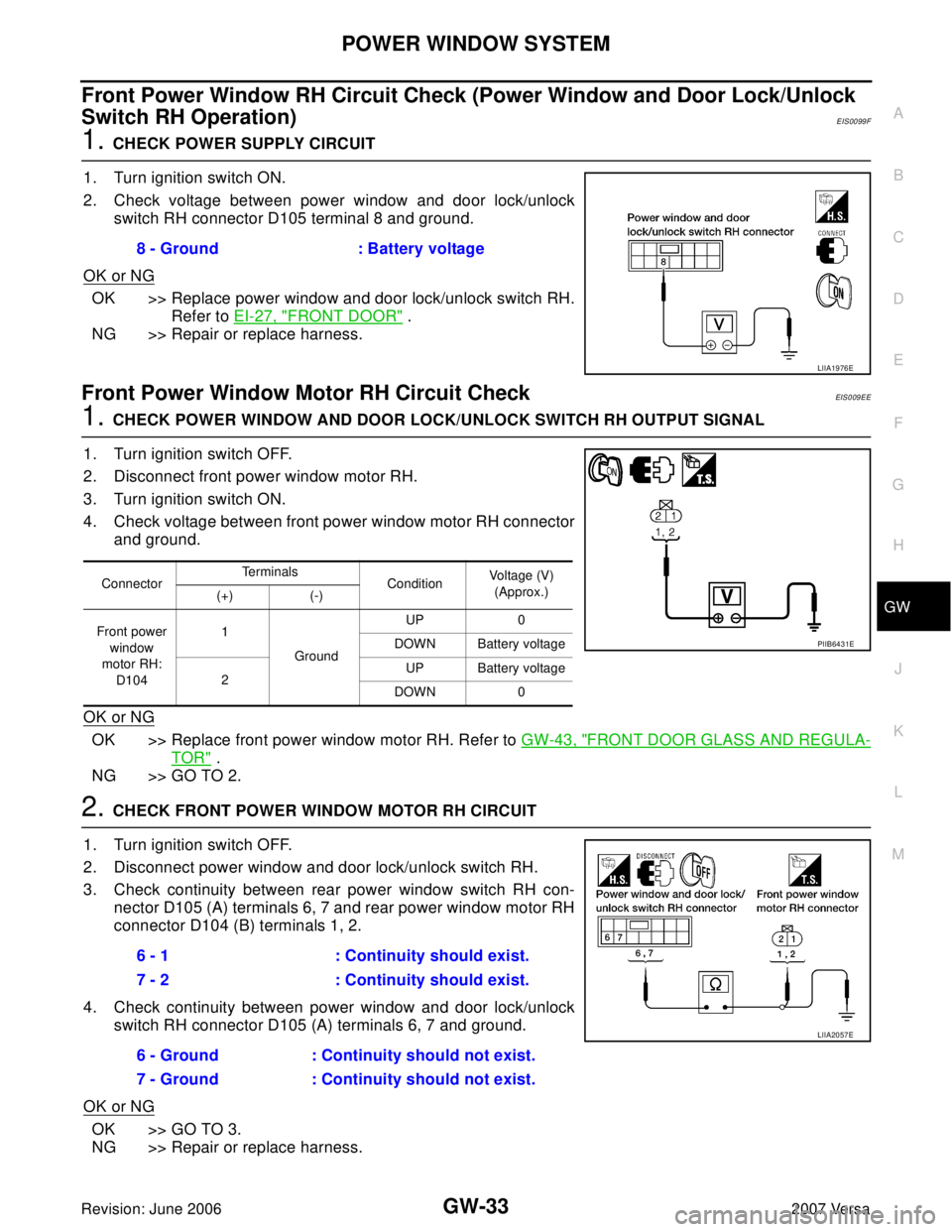 NISSAN LATIO 2007  Service Repair Manual POWER WINDOW SYSTEM
GW-33
C
D
E
F
G
H
J
K
L
MA
B
GW
Revision: June 20062007 Versa
Front Power Window RH Circuit Check (Power Window and Door Lock/Unlock 
Switch RH Operation)
EIS0099F
1. CHECK POWER S
