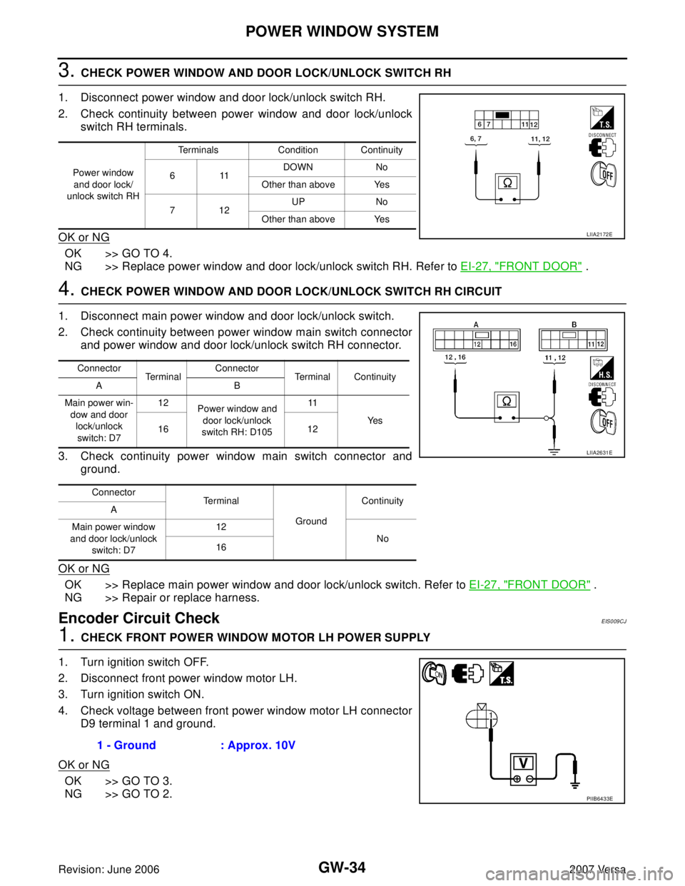 NISSAN LATIO 2007  Service Repair Manual GW-34
POWER WINDOW SYSTEM
Revision: June 20062007 Versa
3. CHECK POWER WINDOW AND DOOR LOCK/UNLOCK SWITCH RH
1. Disconnect power window and door lock/unlock switch RH.
2. Check continuity between powe