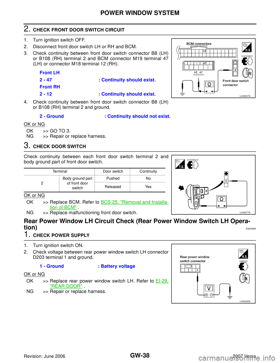 NISSAN LATIO 2007  Service Repair Manual GW-38
POWER WINDOW SYSTEM
Revision: June 20062007 Versa
2. CHECK FRONT DOOR SWITCH CIRCUIT 
1. Turn ignition switch OFF.
2. Disconnect front door switch LH or RH and BCM.
3. Check continuity between f