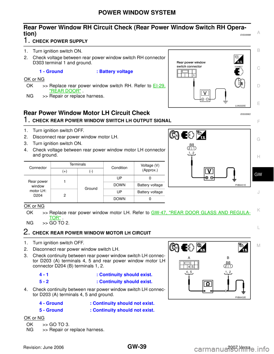 NISSAN LATIO 2007  Service Repair Manual POWER WINDOW SYSTEM
GW-39
C
D
E
F
G
H
J
K
L
MA
B
GW
Revision: June 20062007 Versa
Rear Power Window RH Circuit Check (Rear Power Window Switch RH Opera-
tion)
EIS0099M
1. CHECK POWER SUPPLY 
1. Turn i