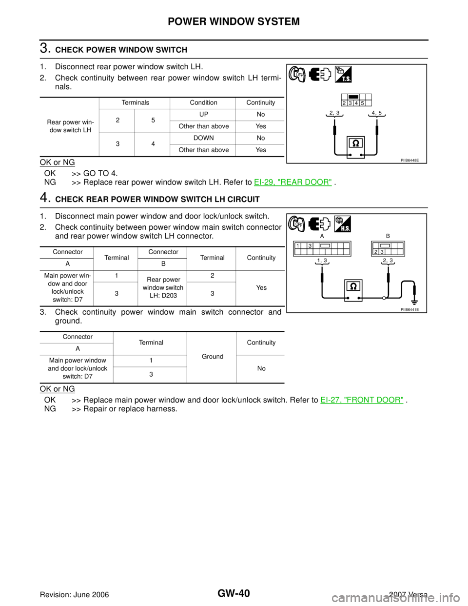 NISSAN LATIO 2007  Service Repair Manual GW-40
POWER WINDOW SYSTEM
Revision: June 20062007 Versa
3. CHECK POWER WINDOW SWITCH
1. Disconnect rear power window switch LH.
2. Check continuity between rear power window switch LH termi-
nals.
OK 