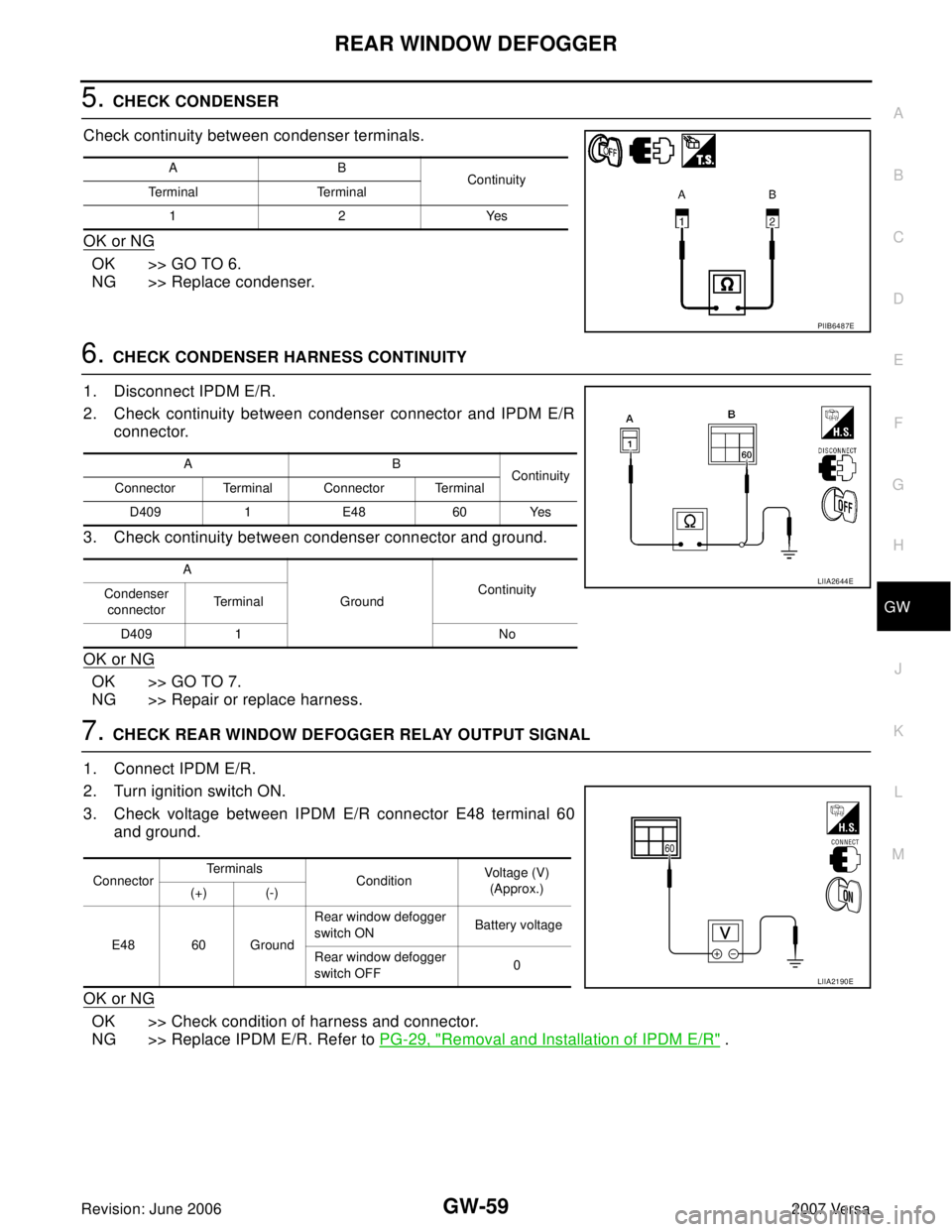 NISSAN LATIO 2007  Service Repair Manual REAR WINDOW DEFOGGER
GW-59
C
D
E
F
G
H
J
K
L
MA
B
GW
Revision: June 20062007 Versa
5. CHECK CONDENSER
Check continuity between condenser terminals.
OK or NG
OK >> GO TO 6.
NG >> Replace condenser.
6. 