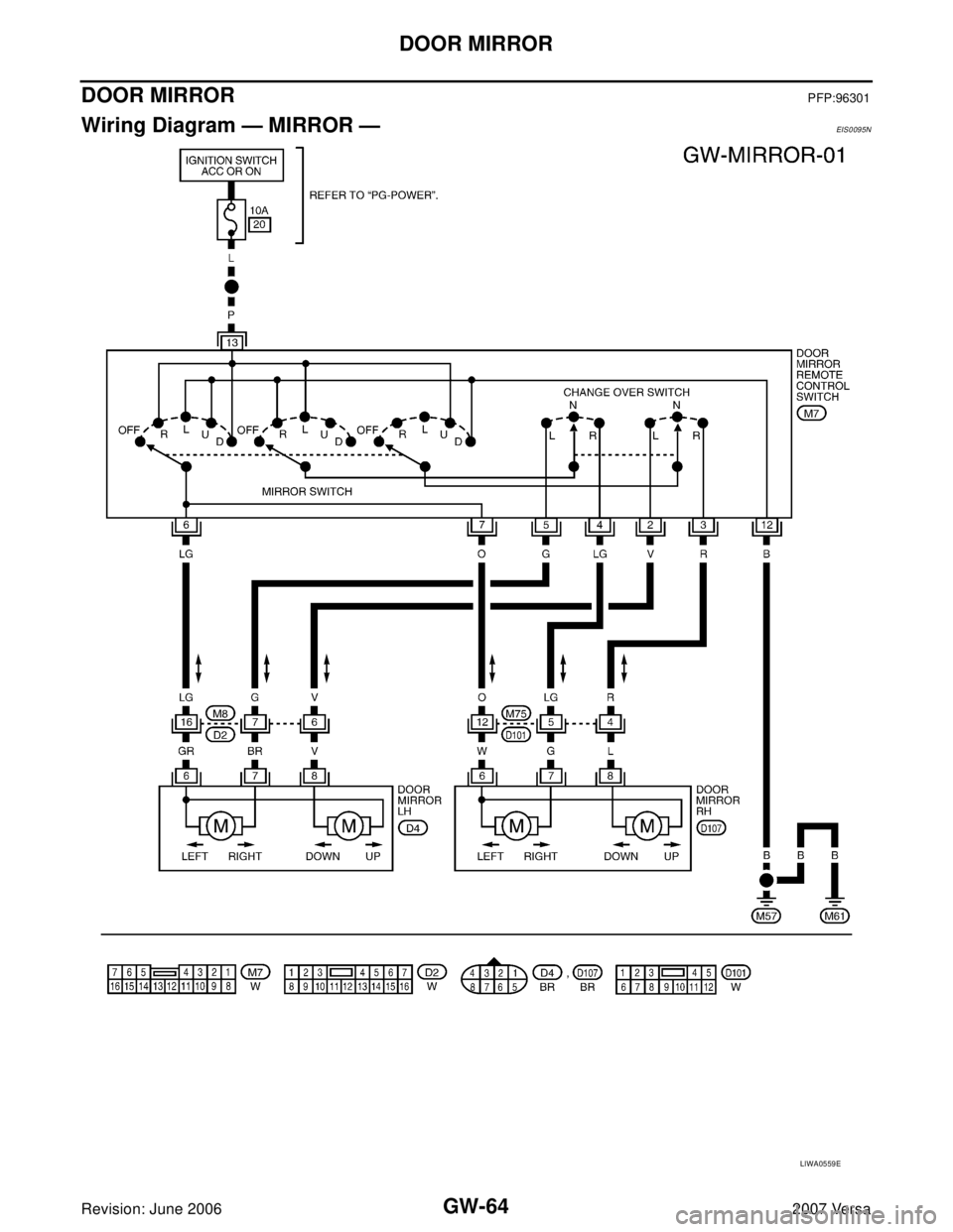 NISSAN LATIO 2007  Service Repair Manual GW-64
DOOR MIRROR
Revision: June 20062007 Versa
DOOR MIRRORPFP:96301
Wiring Diagram — MIRROR —EIS0095N
LIWA0559E 