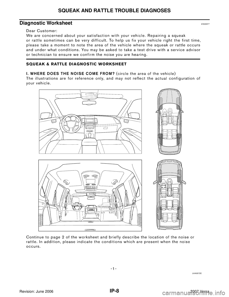 NISSAN LATIO 2007  Service Repair Manual IP-8
SQUEAK AND RATTLE TROUBLE DIAGNOSES
Revision: June 20062007 Versa
Diagnostic WorksheetEIS00977
LAIA0072E 