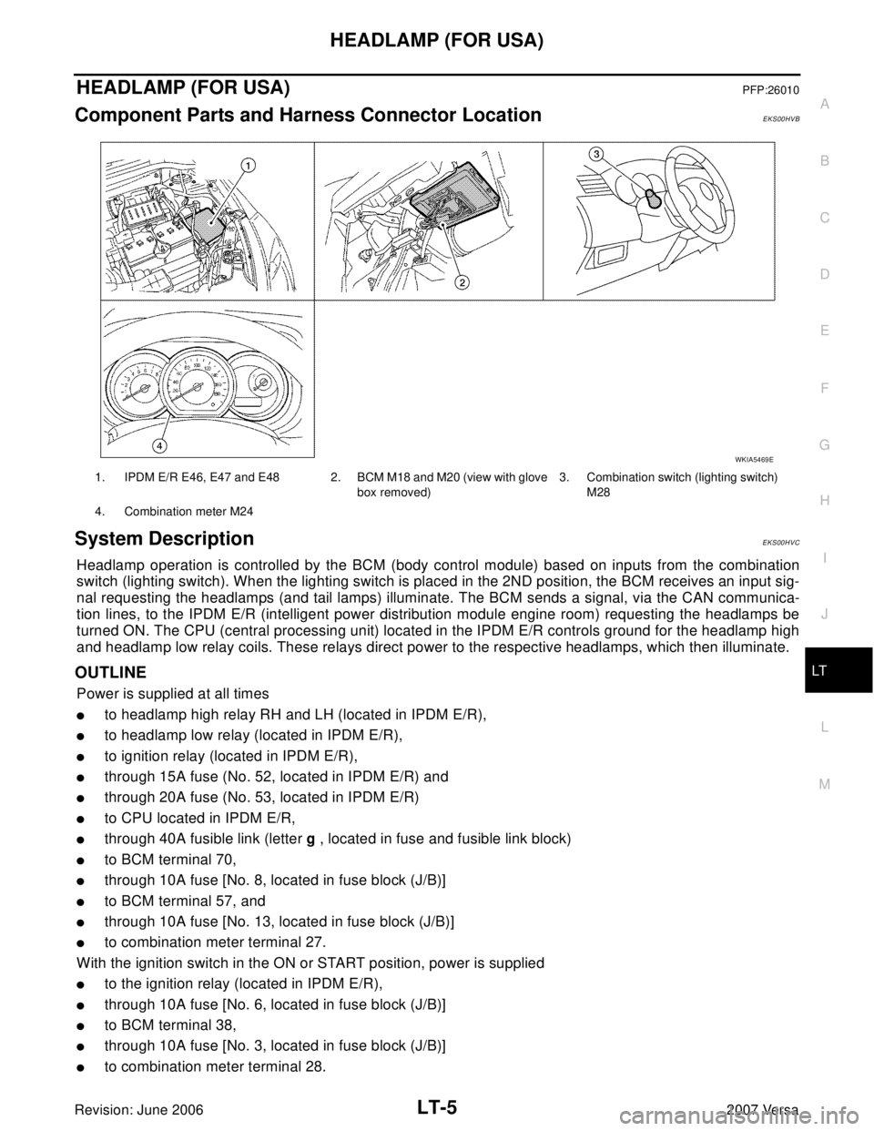 NISSAN LATIO 2007  Service Repair Manual HEADLAMP (FOR USA)
LT-5
C
D
E
F
G
H
I
J
L
MA
B
LT
Revision: June 20062007 Versa
HEADLAMP (FOR USA)PFP:26010
Component Parts and Harness Connector LocationEKS00HVB
System DescriptionEKS00HVC
Headlamp o