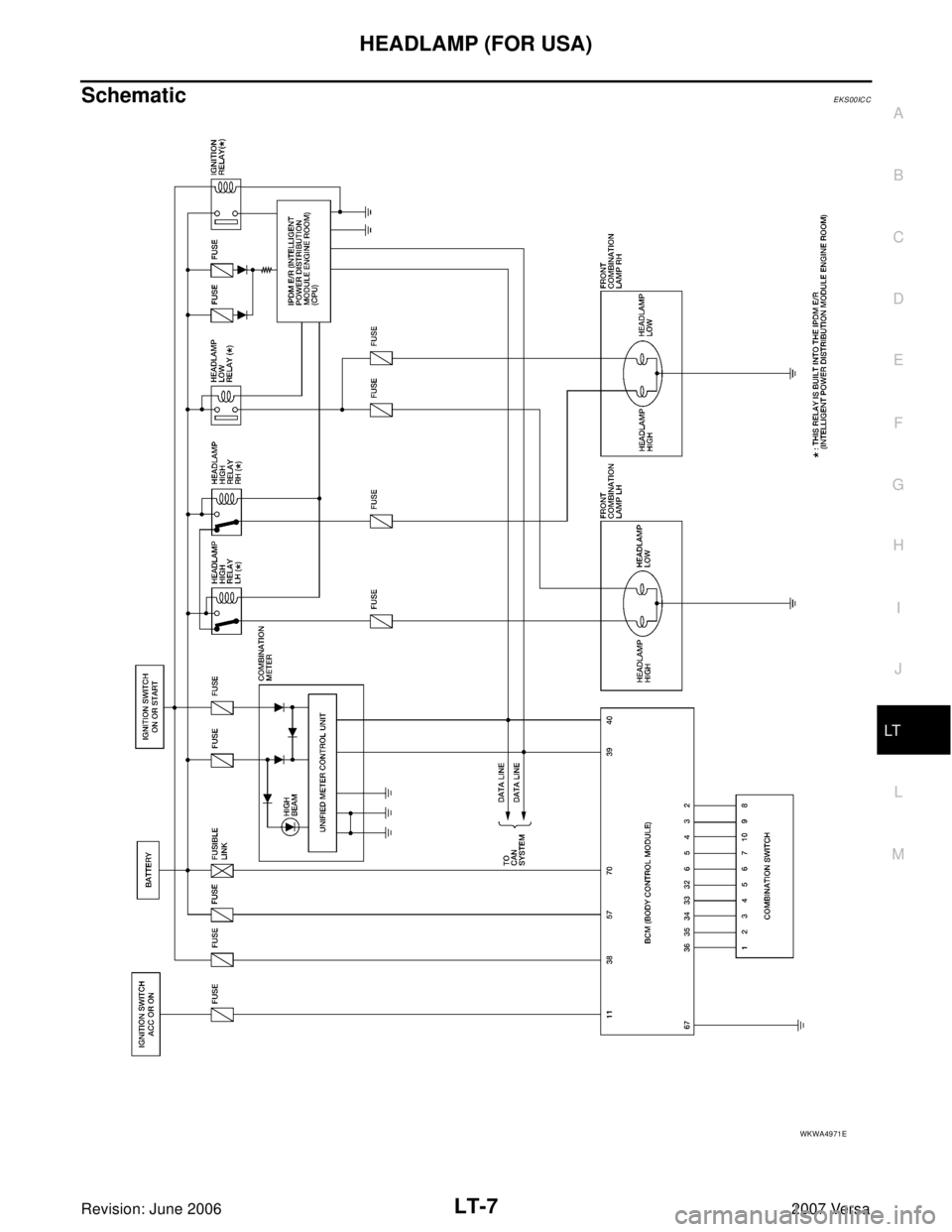NISSAN LATIO 2007  Service Repair Manual HEADLAMP (FOR USA)
LT-7
C
D
E
F
G
H
I
J
L
MA
B
LT
Revision: June 20062007 Versa
SchematicEKS00ICC
WKWA4971E 