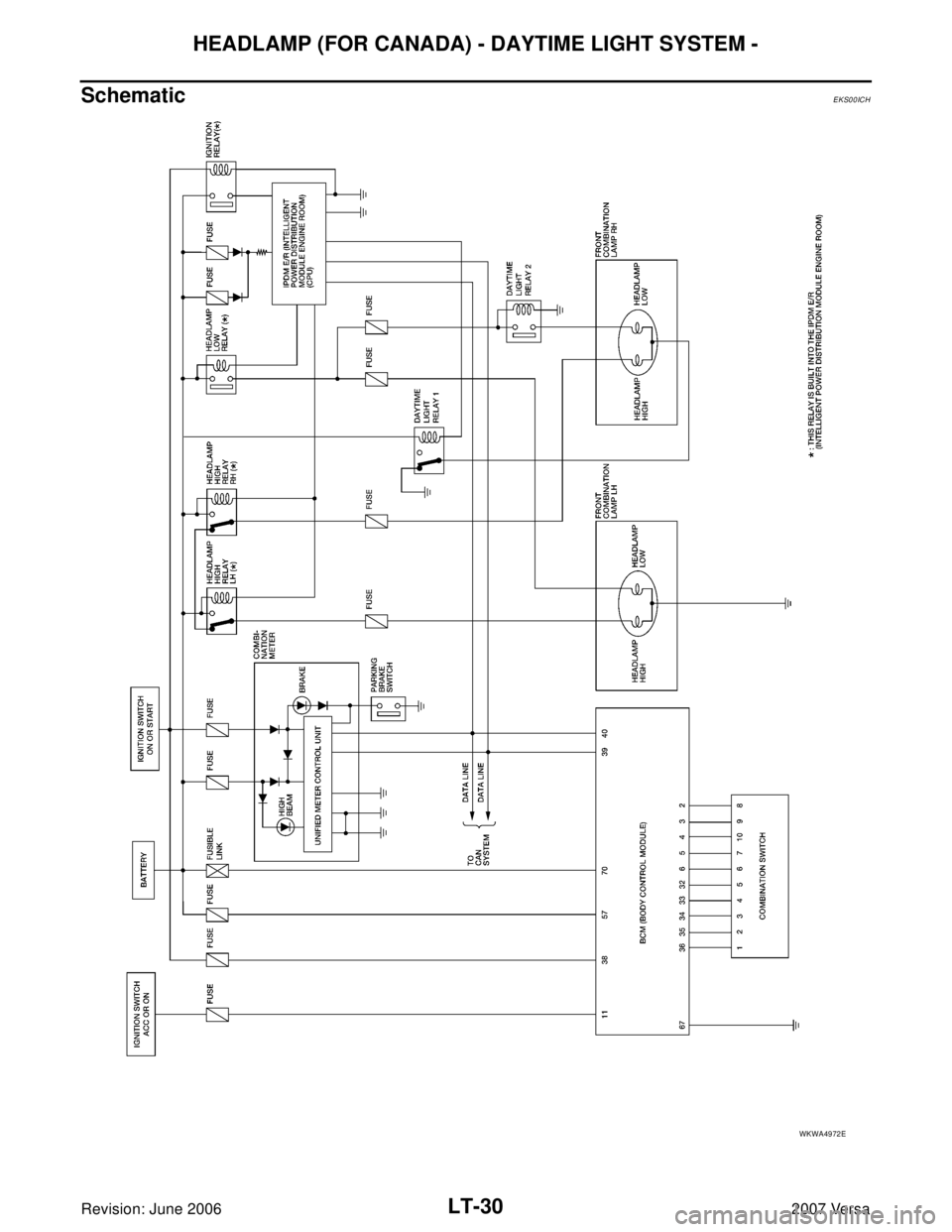 NISSAN LATIO 2007  Service Repair Manual LT-30
HEADLAMP (FOR CANADA) - DAYTIME LIGHT SYSTEM -
Revision: June 20062007 Versa
SchematicEKS00ICH
WKWA4972E 