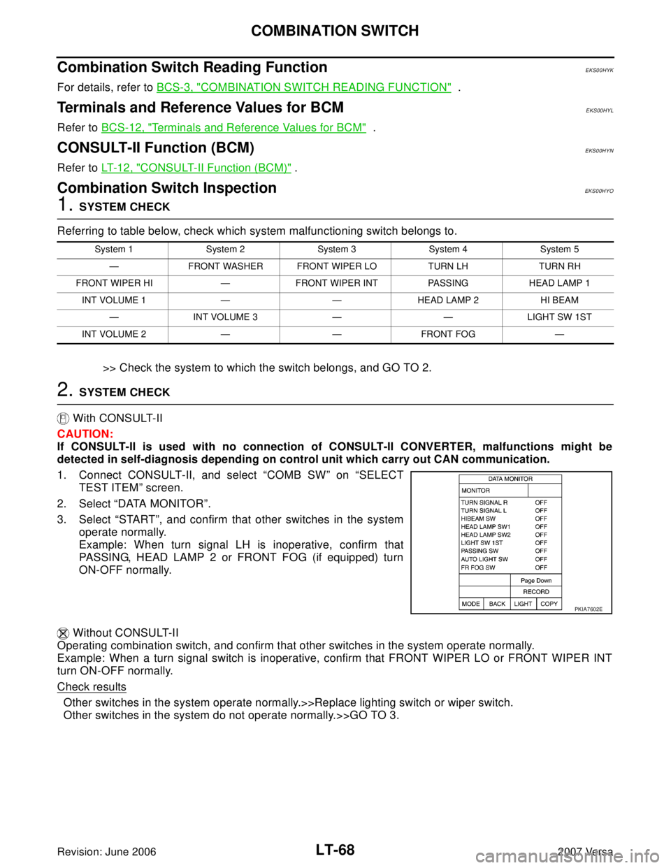 NISSAN LATIO 2007  Service Repair Manual LT-68
COMBINATION SWITCH
Revision: June 20062007 Versa
Combination Switch Reading FunctionEKS00HYK
For details, refer to BCS-3, "COMBINATION SWITCH READING FUNCTION"  .
Terminals and Reference Values 