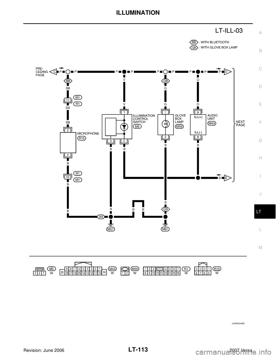 NISSAN LATIO 2007  Service Repair Manual ILLUMINATION
LT-113
C
D
E
F
G
H
I
J
L
MA
B
LT
Revision: June 20062007 Versa
LKWA0346E 