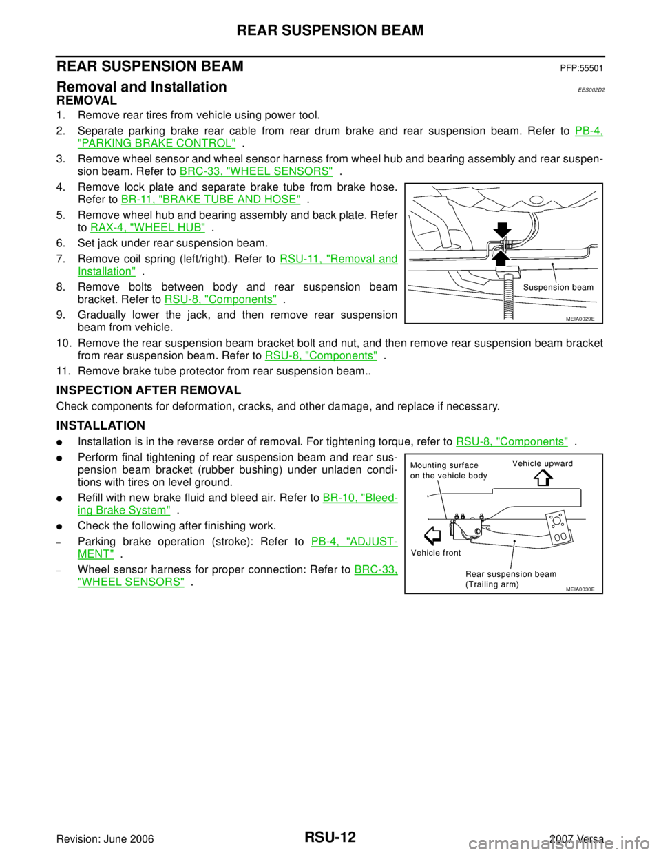 NISSAN LATIO 2007  Service Repair Manual RSU-12
REAR SUSPENSION BEAM
Revision: June 20062007 Versa
REAR SUSPENSION BEAMPFP:55501
Removal and InstallationEES002D2
REMOVAL
1. Remove rear tires from vehicle using power tool.
2. Separate parking