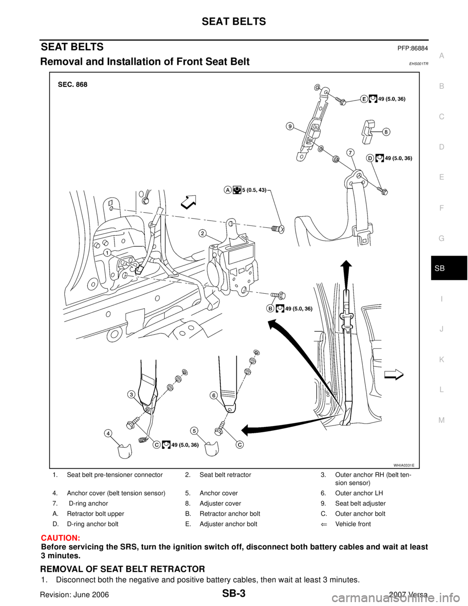 NISSAN LATIO 2007  Service Repair Manual SEAT BELTS
SB-3
C
D
E
F
G
I
J
K
L
MA
B
SB
Revision: June 20062007 Versa
SEAT BELTSPFP:86884
Removal and Installation of Front Seat Belt EHS001TR
CAUTION:
Before servicing the SRS, turn the ignition sw