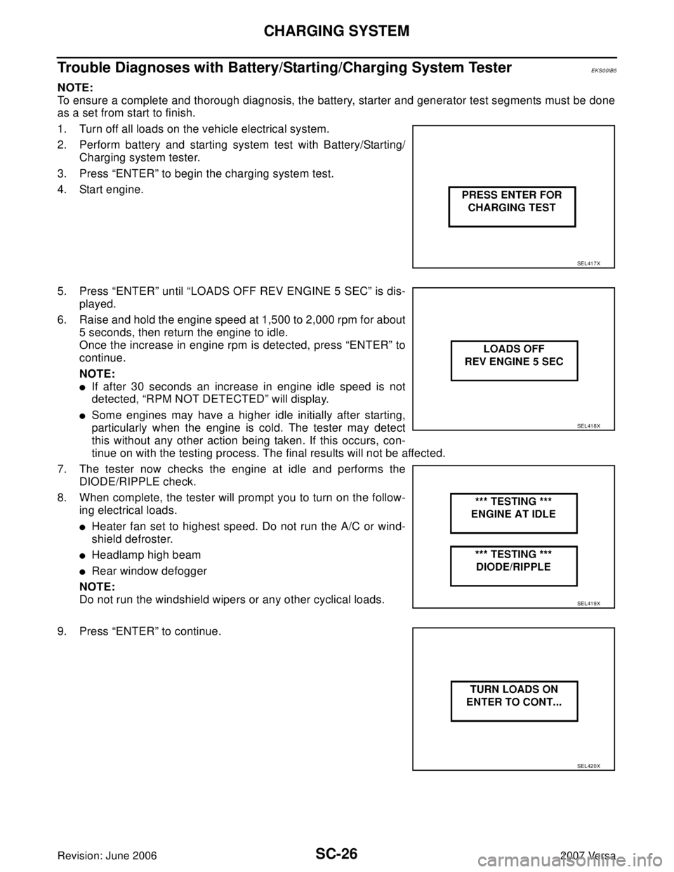 NISSAN LATIO 2007  Service Repair Manual SC-26
CHARGING SYSTEM
Revision: June 20062007 Versa
Trouble Diagnoses with Battery/Starting/Charging System TesterEKS00IB5
NOTE:
To ensure a complete and thorough diagnosis, the battery, starter and g