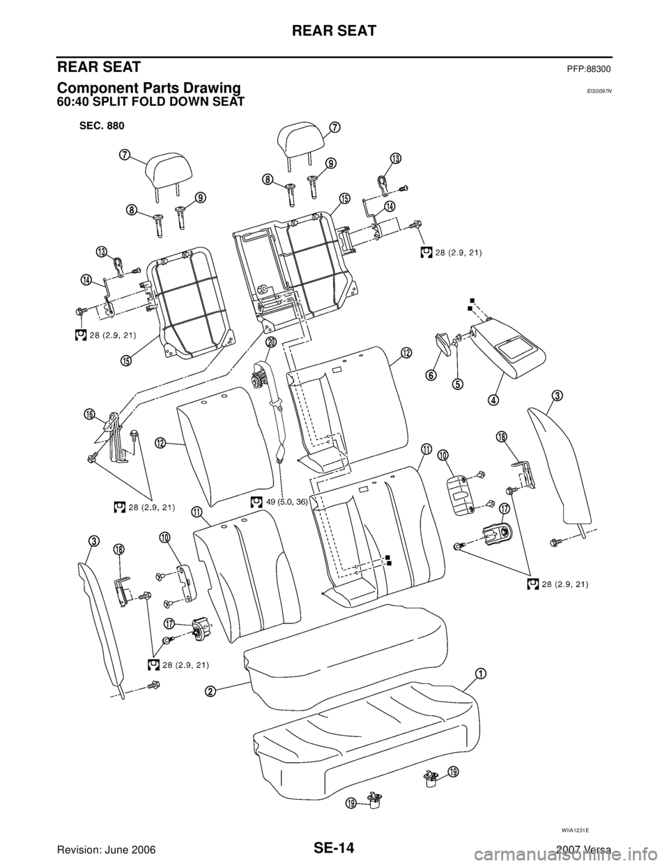 NISSAN LATIO 2007  Service Repair Manual SE-14
REAR SEAT
Revision: June 20062007 Versa
REAR SEATPFP:88300
Component Parts DrawingEIS0097N
60:40 SPLIT FOLD DOWN SEAT
WIIA1231E 
