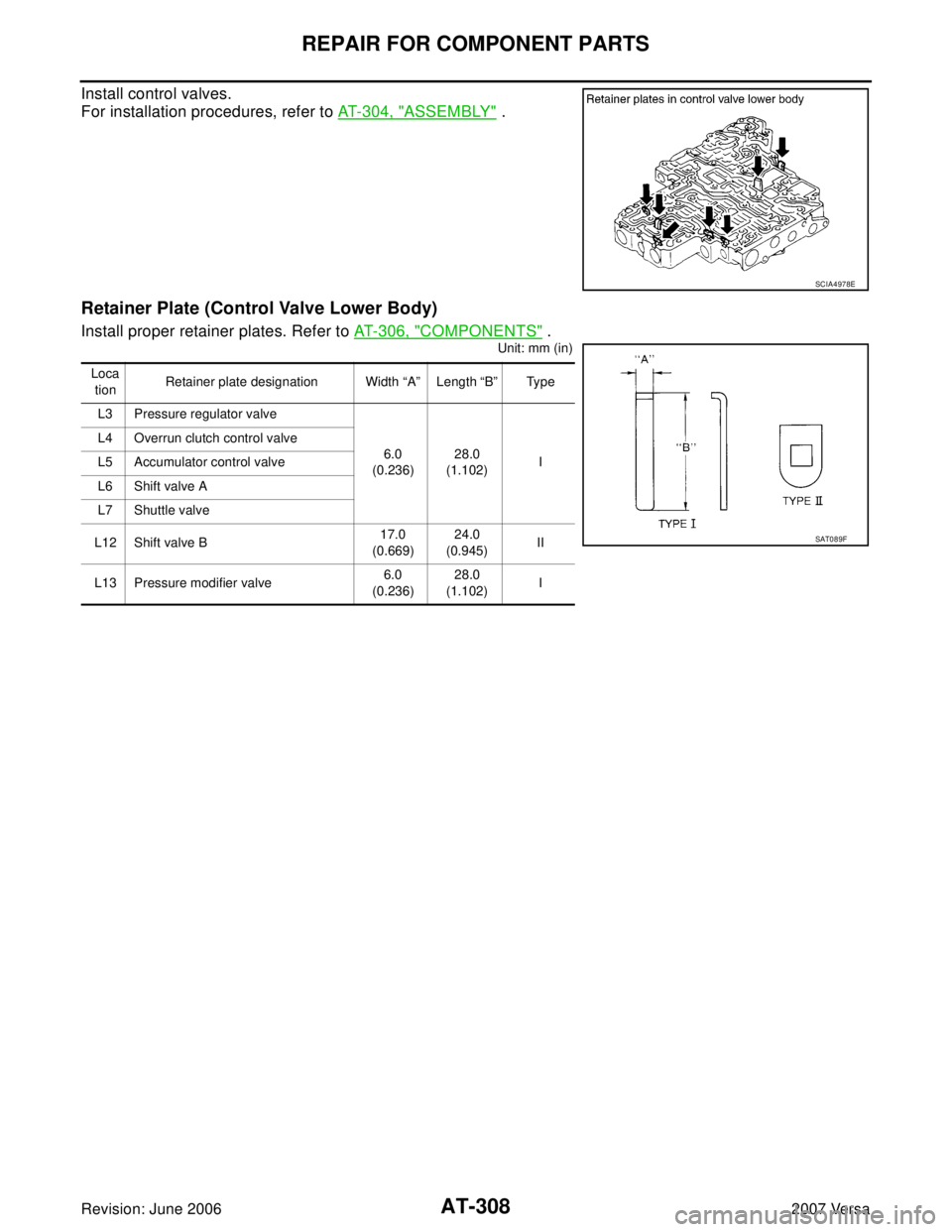 NISSAN LATIO 2007  Service Repair Manual AT-308
REPAIR FOR COMPONENT PARTS
Revision: June 20062007 Versa
Install control valves.
For installation procedures, refer to AT-304, "
ASSEMBLY" .
Retainer Plate (Control Valve Lower Body)
Install pr