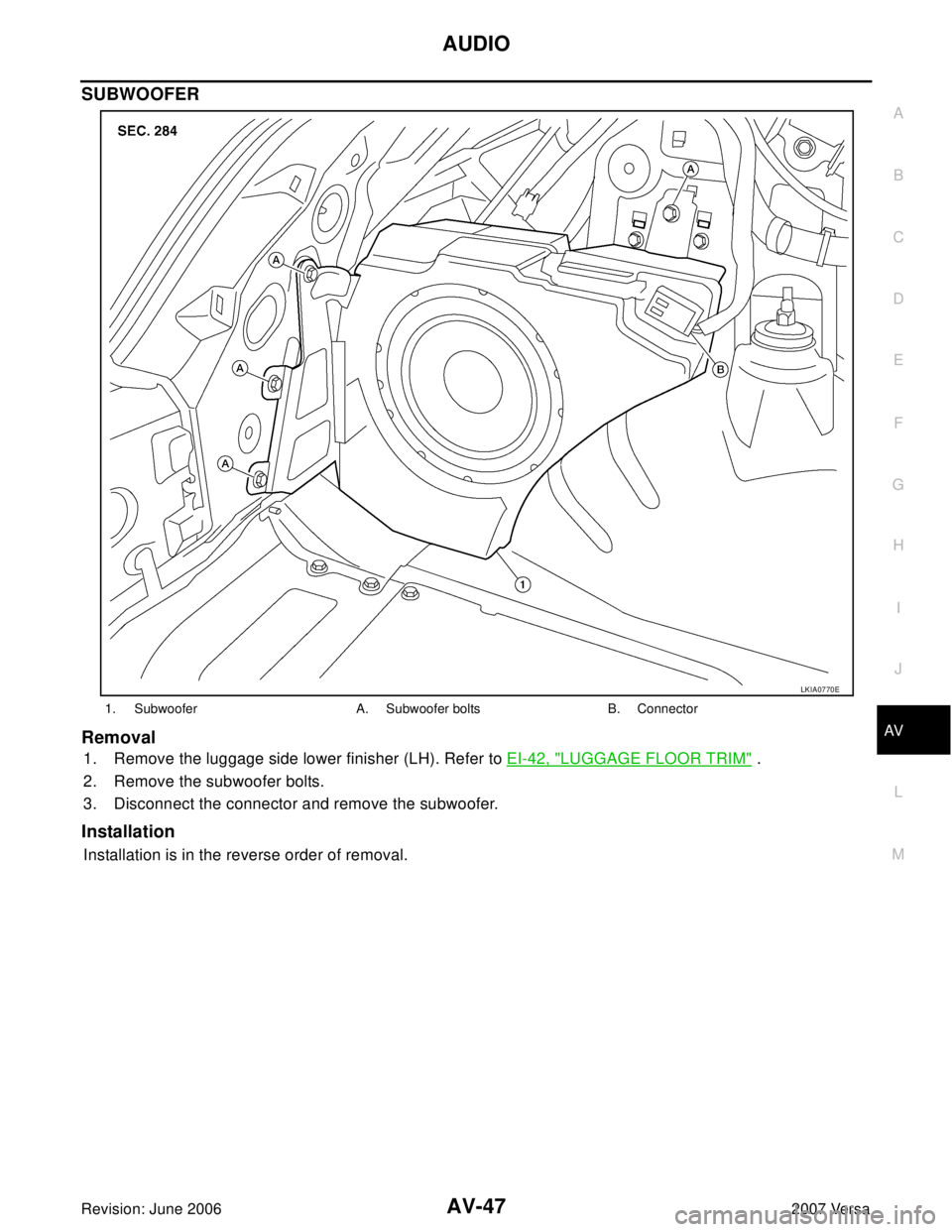 NISSAN LATIO 2007  Service Repair Manual AUDIO
AV-47
C
D
E
F
G
H
I
J
L
MA
B
AV
Revision: June 20062007 Versa
SUBWOOFER
Removal
1. Remove the luggage side lower finisher (LH). Refer to EI-42, "LUGGAGE FLOOR TRIM" .
2. Remove the subwoofer bol