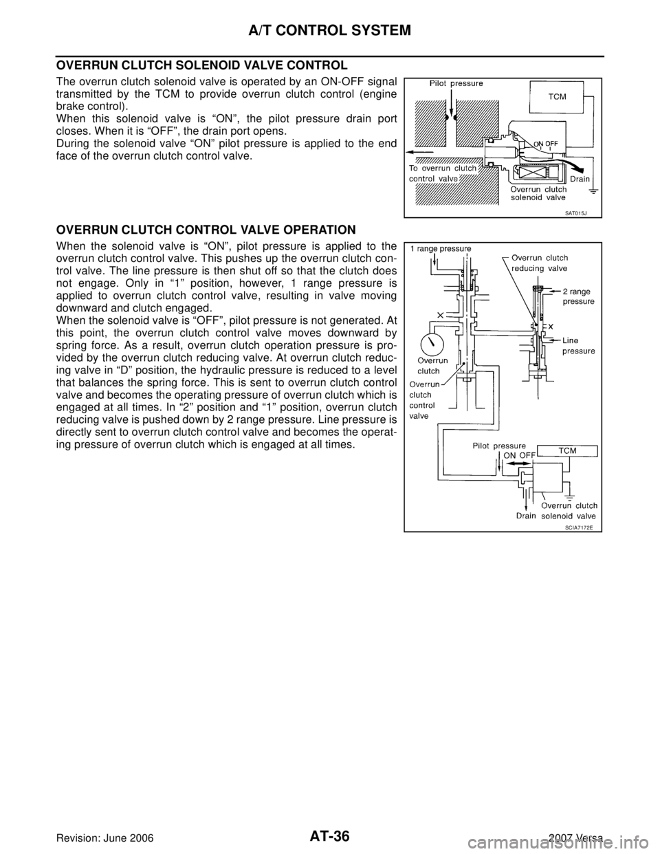 NISSAN LATIO 2007 Service Repair Manual AT-36
A/T CONTROL SYSTEM
Revision: June 20062007 Versa
OVERRUN CLUTCH SOLENOID VALVE CONTROL
The overrun clutch solenoid valve is operated by an ON-OFF signal
transmitted by the TCM to provide overrun NISSAN LATIO 2007 Service Repair Manual AT-36
A/T CONTROL SYSTEM
Revision: June 20062007 Versa
OVERRUN CLUTCH SOLENOID VALVE CONTROL
The overrun clutch solenoid valve is operated by an ON-OFF signal
transmitted by the TCM to provide overrun