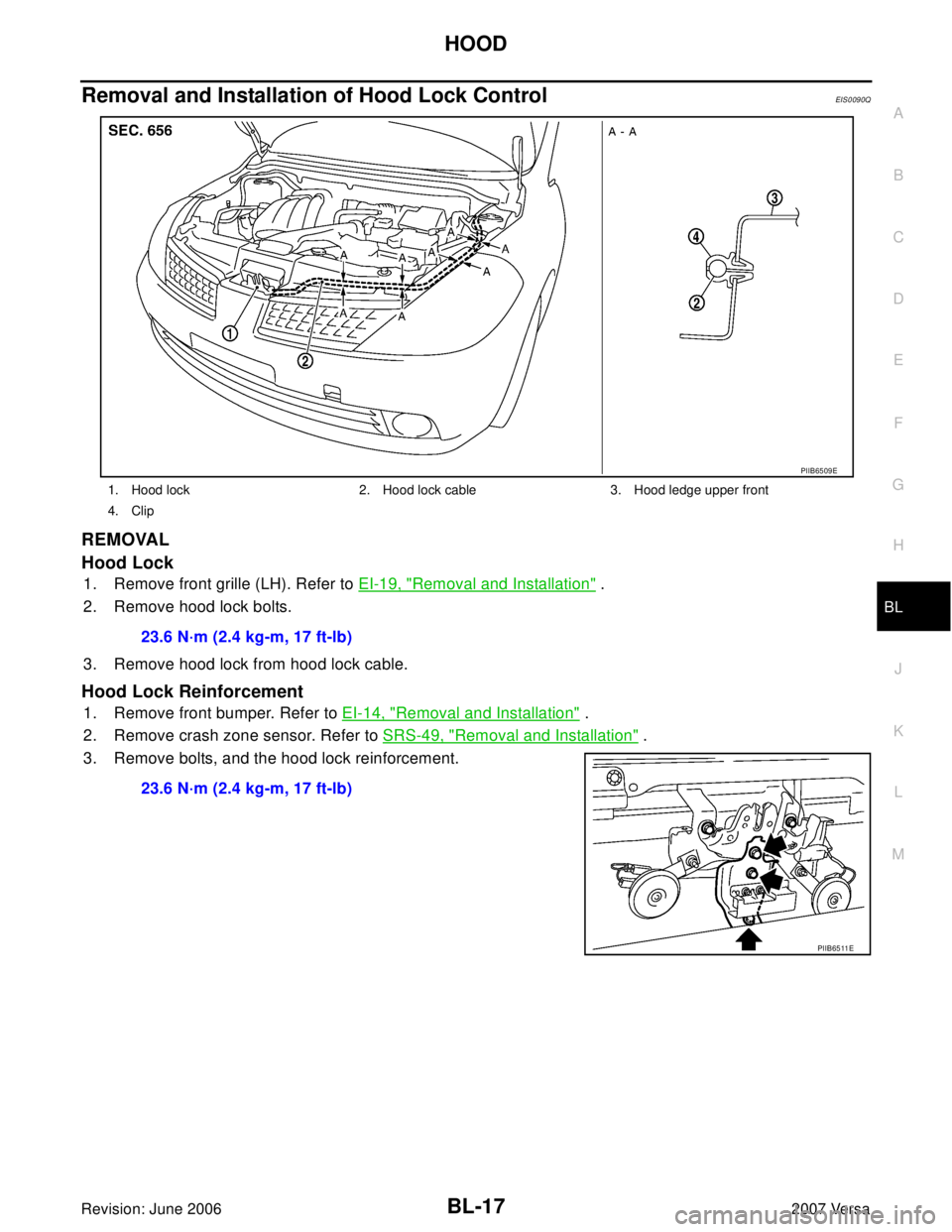 NISSAN LATIO 2007  Service Repair Manual HOOD
BL-17
C
D
E
F
G
H
J
K
L
MA
B
BL
Revision: June 20062007 Versa
Removal and Installation of Hood Lock ControlEIS0090Q
REMOVAL
Hood Lock
1. Remove front grille (LH). Refer to EI-19, "Removal and Ins