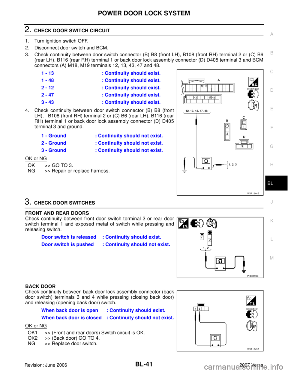 NISSAN LATIO 2007  Service Repair Manual POWER DOOR LOCK SYSTEM
BL-41
C
D
E
F
G
H
J
K
L
MA
B
BL
Revision: June 20062007 Versa
2. CHECK DOOR SWITCH CIRCUIT
1. Turn ignition switch OFF.
2. Disconnect door switch and BCM.
3. Check continuity be