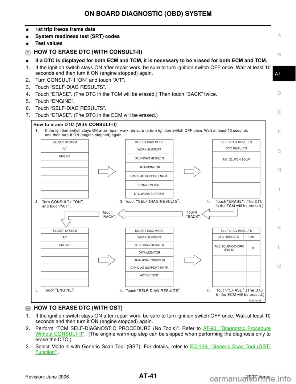 NISSAN LATIO 2007 Service Repair Manual ON BOARD DIAGNOSTIC (OBD) SYSTEM
AT-41
D
E
F
G
H
I
J
K
L
MA
B
AT
Revision: June 20062007 Versa
1st trip freeze frame data
System readiness test (SRT) codes
Test values
HOW TO ERASE DTC (WITH CONSU NISSAN LATIO 2007 Service Repair Manual ON BOARD DIAGNOSTIC (OBD) SYSTEM
AT-41
D
E
F
G
H
I
J
K
L
MA
B
AT
Revision: June 20062007 Versa
1st trip freeze frame data
System readiness test (SRT) codes
Test values
HOW TO ERASE DTC (WITH CONSU