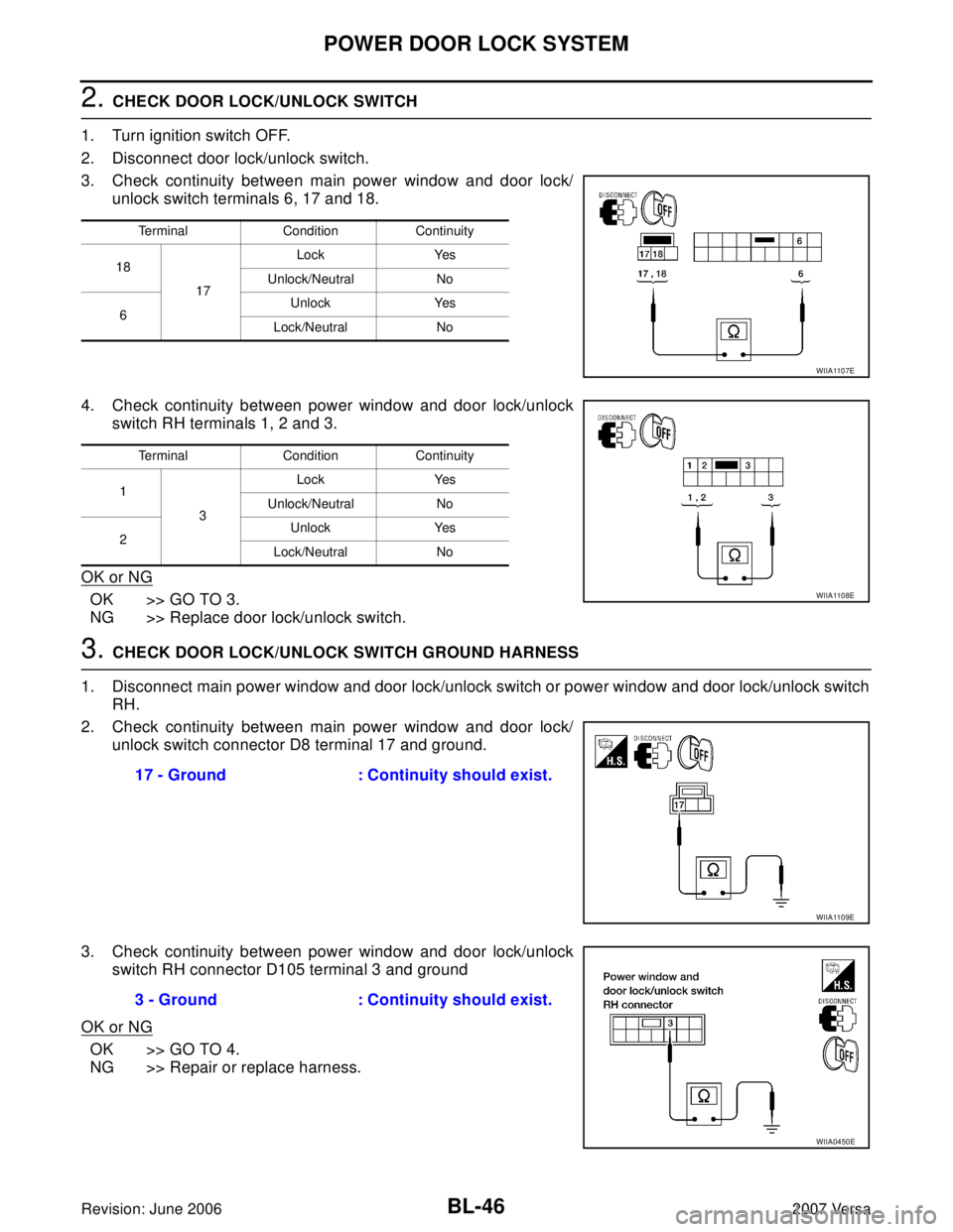 NISSAN LATIO 2007  Service Repair Manual BL-46
POWER DOOR LOCK SYSTEM
Revision: June 20062007 Versa
2. CHECK DOOR LOCK/UNLOCK SWITCH
1. Turn ignition switch OFF.
2. Disconnect door lock/unlock switch.
3. Check continuity between main power w