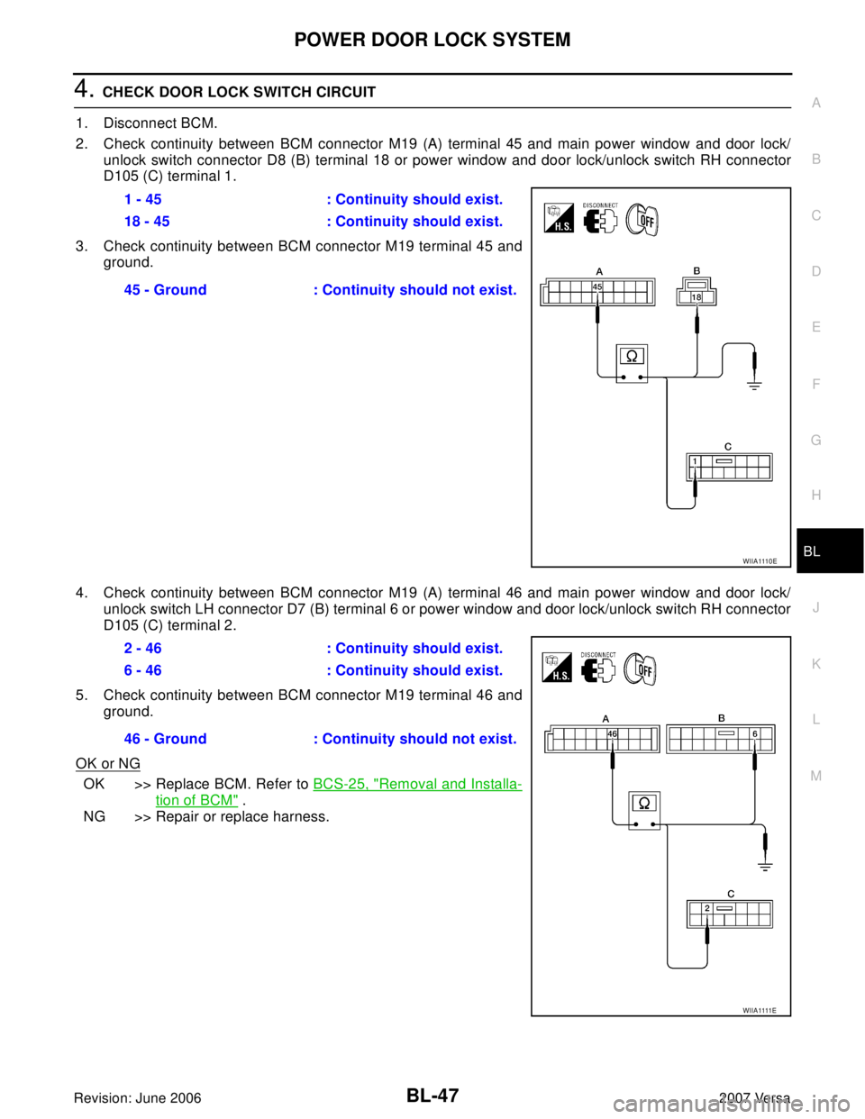 NISSAN LATIO 2007  Service Repair Manual POWER DOOR LOCK SYSTEM
BL-47
C
D
E
F
G
H
J
K
L
MA
B
BL
Revision: June 20062007 Versa
4. CHECK DOOR LOCK SWITCH CIRCUIT
1. Disconnect BCM.
2. Check continuity between BCM connector M19 (A) terminal 45 