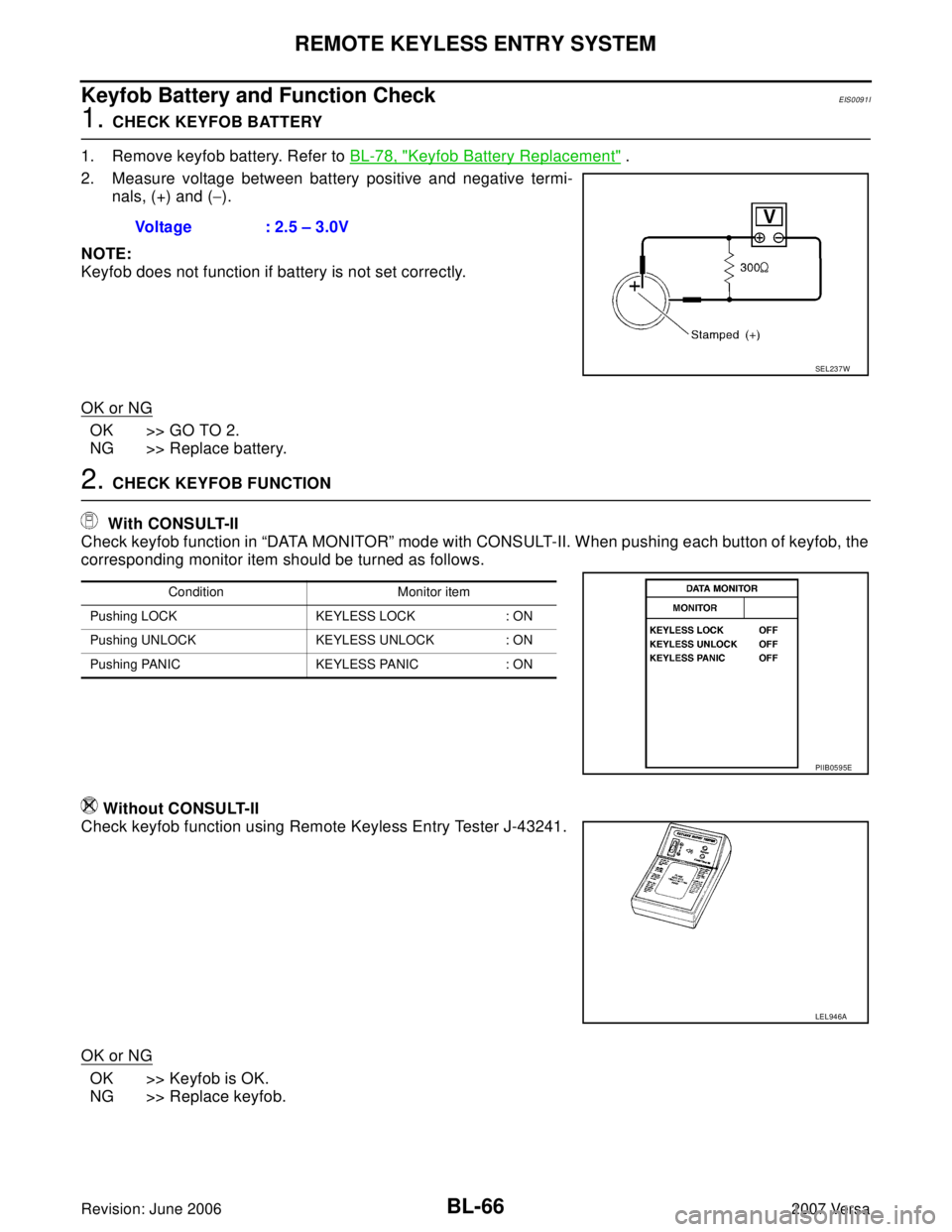 NISSAN LATIO 2007  Service Repair Manual BL-66
REMOTE KEYLESS ENTRY SYSTEM
Revision: June 20062007 Versa
Keyfob Battery and Function CheckEIS0091I
1. CHECK KEYFOB BATTERY
1. Remove keyfob battery. Refer to BL-78, "
Keyfob Battery Replacement