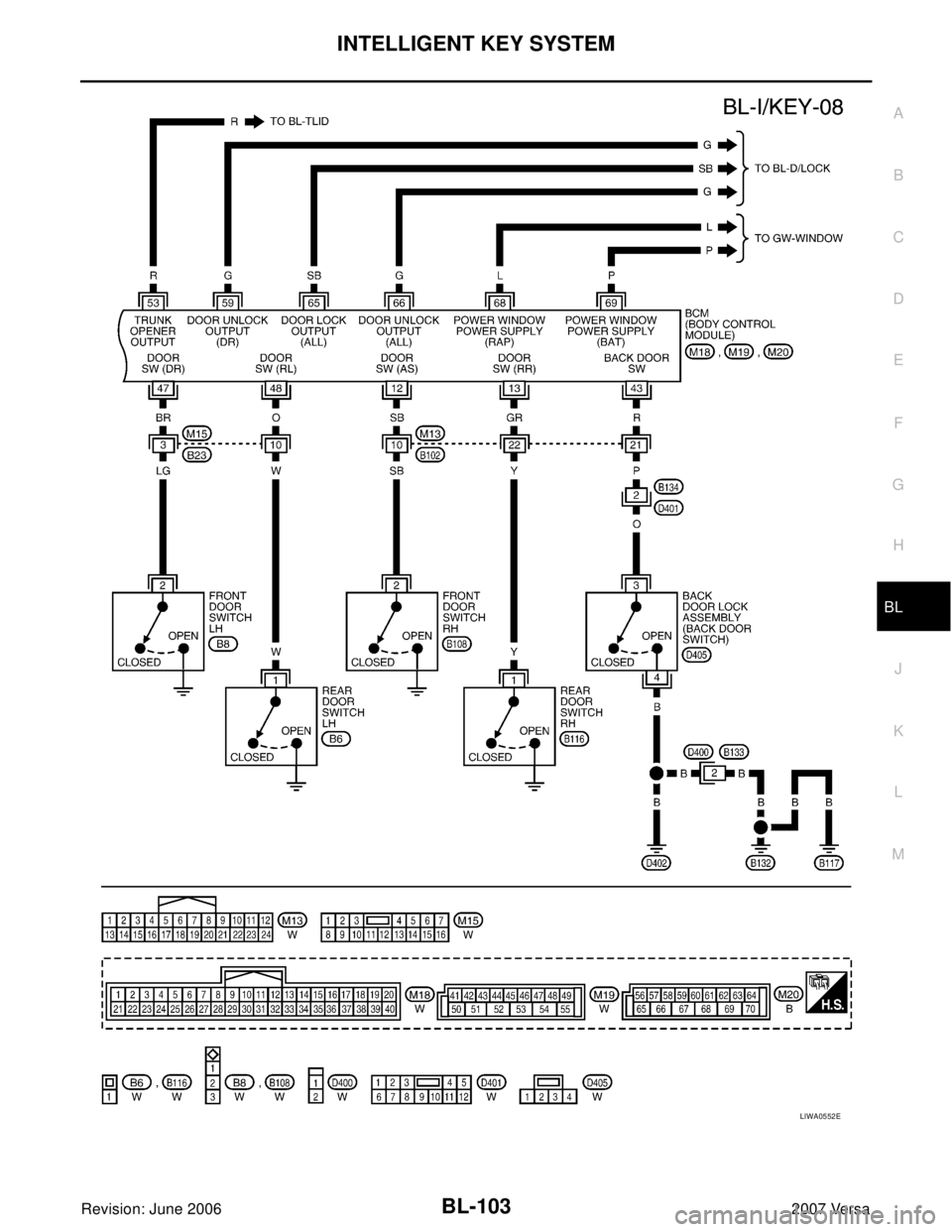 NISSAN LATIO 2007  Service Repair Manual INTELLIGENT KEY SYSTEM
BL-103
C
D
E
F
G
H
J
K
L
MA
B
BL
Revision: June 20062007 Versa
LIWA0552E 