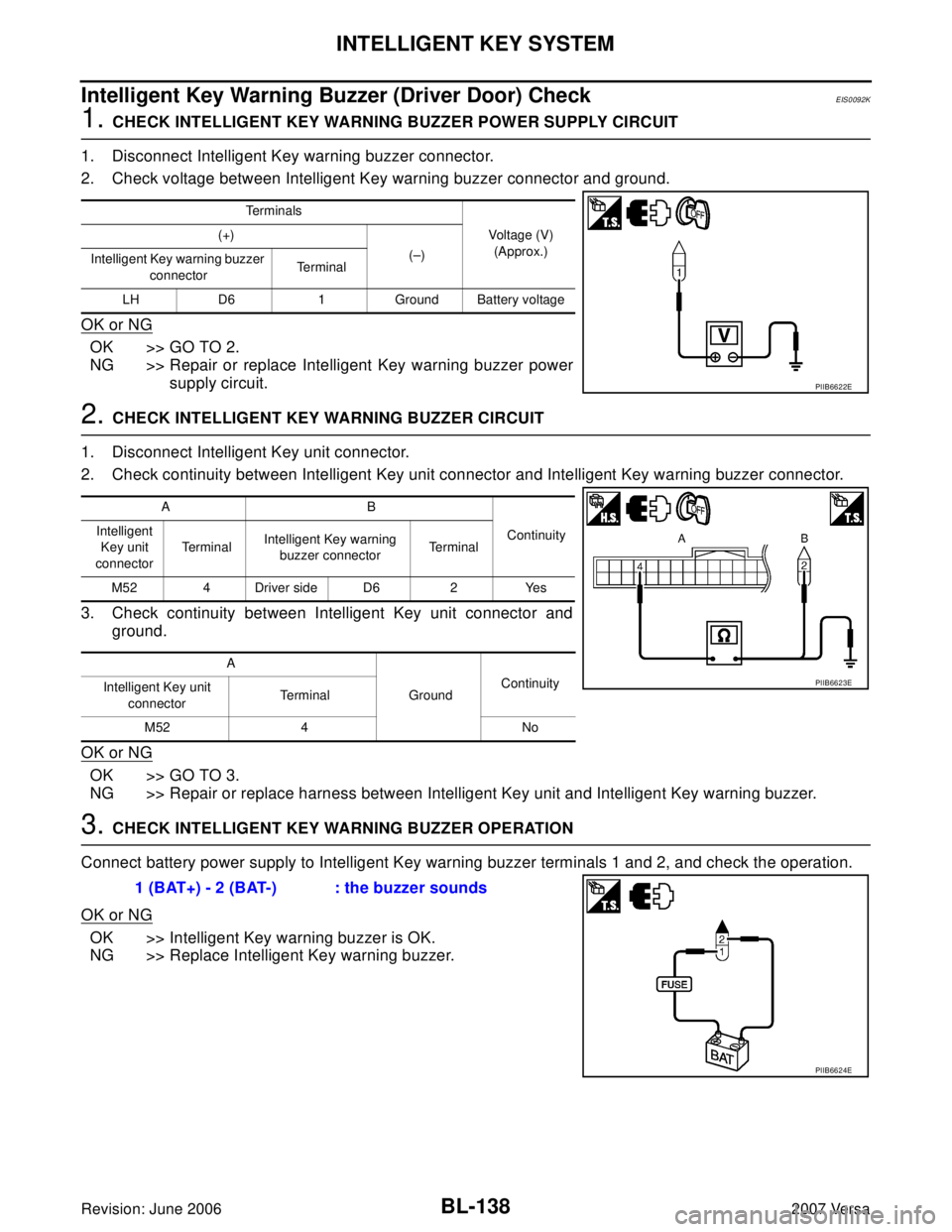 NISSAN LATIO 2007  Service Repair Manual BL-138
INTELLIGENT KEY SYSTEM
Revision: June 20062007 Versa
Intelligent Key Warning Buzzer (Driver Door) CheckEIS0092K
1. CHECK INTELLIGENT KEY WARNING BUZZER POWER SUPPLY CIRCUIT
1. Disconnect Intell