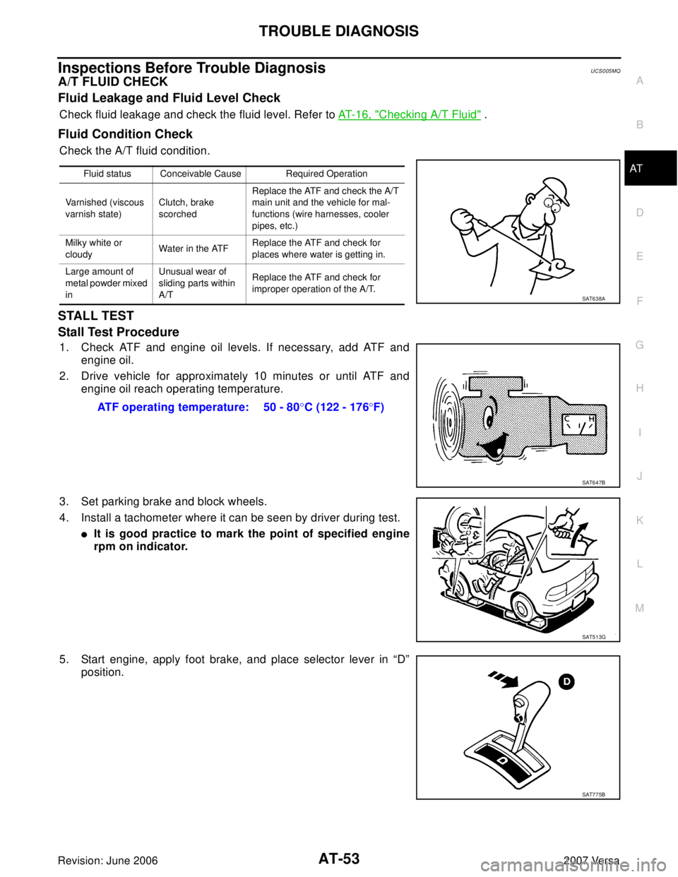 NISSAN LATIO 2007 Service Repair Manual TROUBLE DIAGNOSIS
AT-53
D
E
F
G
H
I
J
K
L
MA
B
AT
Revision: June 20062007 Versa
Inspections Before Trouble DiagnosisUCS005MQ
A/T FLUID CHECK
Fluid Leakage and Fluid Level Check
Check fluid leakage and NISSAN LATIO 2007 Service Repair Manual TROUBLE DIAGNOSIS
AT-53
D
E
F
G
H
I
J
K
L
MA
B
AT
Revision: June 20062007 Versa
Inspections Before Trouble DiagnosisUCS005MQ
A/T FLUID CHECK
Fluid Leakage and Fluid Level Check
Check fluid leakage and