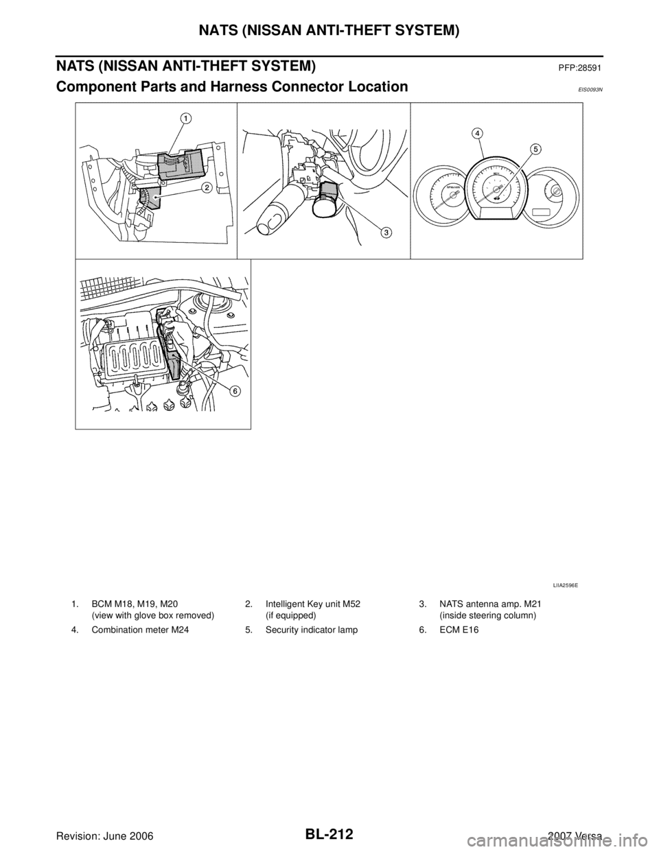 NISSAN LATIO 2007  Service Repair Manual BL-212
NATS (NISSAN ANTI-THEFT SYSTEM)
Revision: June 20062007 Versa
NATS (NISSAN ANTI-THEFT SYSTEM)PFP:28591
Component Parts and Harness Connector LocationEIS0093N
LIIA2596E
1. BCM M18, M19, M20
(vie