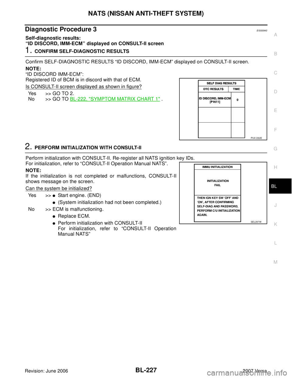 NISSAN LATIO 2007  Service Repair Manual NATS (NISSAN ANTI-THEFT SYSTEM)
BL-227
C
D
E
F
G
H
J
K
L
MA
B
BL
Revision: June 20062007 Versa
Diagnostic Procedure 3EIS00940
Self-diagnostic results:
“ID DISCORD, IMM-ECM” displayed on CONSULT-II