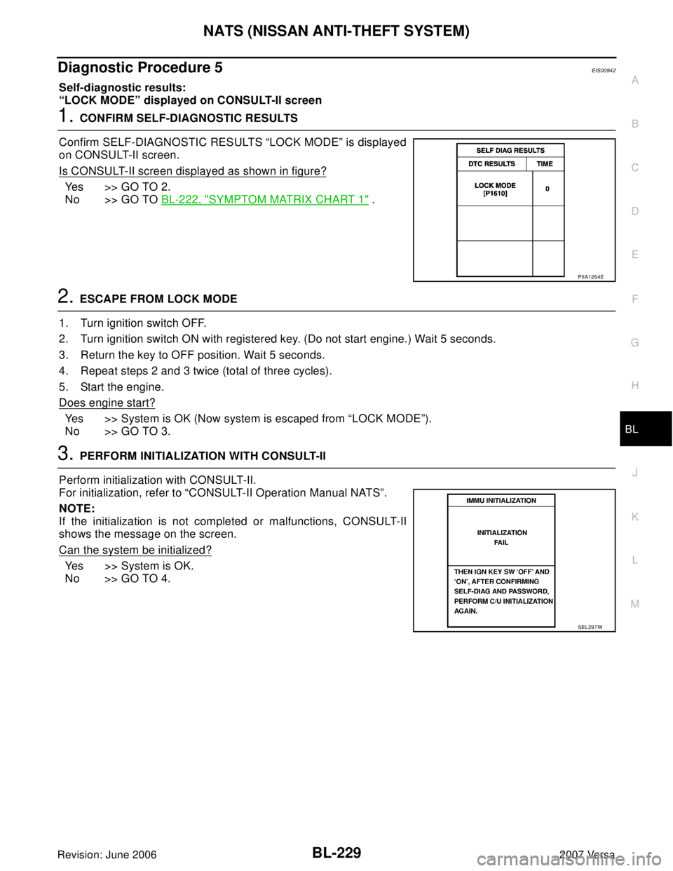 NISSAN LATIO 2007  Service Repair Manual NATS (NISSAN ANTI-THEFT SYSTEM)
BL-229
C
D
E
F
G
H
J
K
L
MA
B
BL
Revision: June 20062007 Versa
Diagnostic Procedure 5EIS00942
Self-diagnostic results:
“LOCK MODE” displayed on CONSULT-II screen
1.