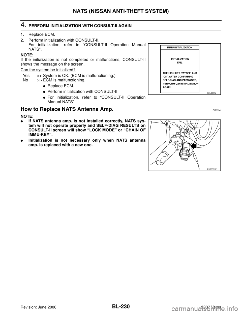 NISSAN LATIO 2007  Service Repair Manual BL-230
NATS (NISSAN ANTI-THEFT SYSTEM)
Revision: June 20062007 Versa
4. PERFORM INITIALIZATION WITH CONSULT-II AGAIN
1. Replace BCM.
2. Perform initialization with CONSULT-II.
For initialization, refe