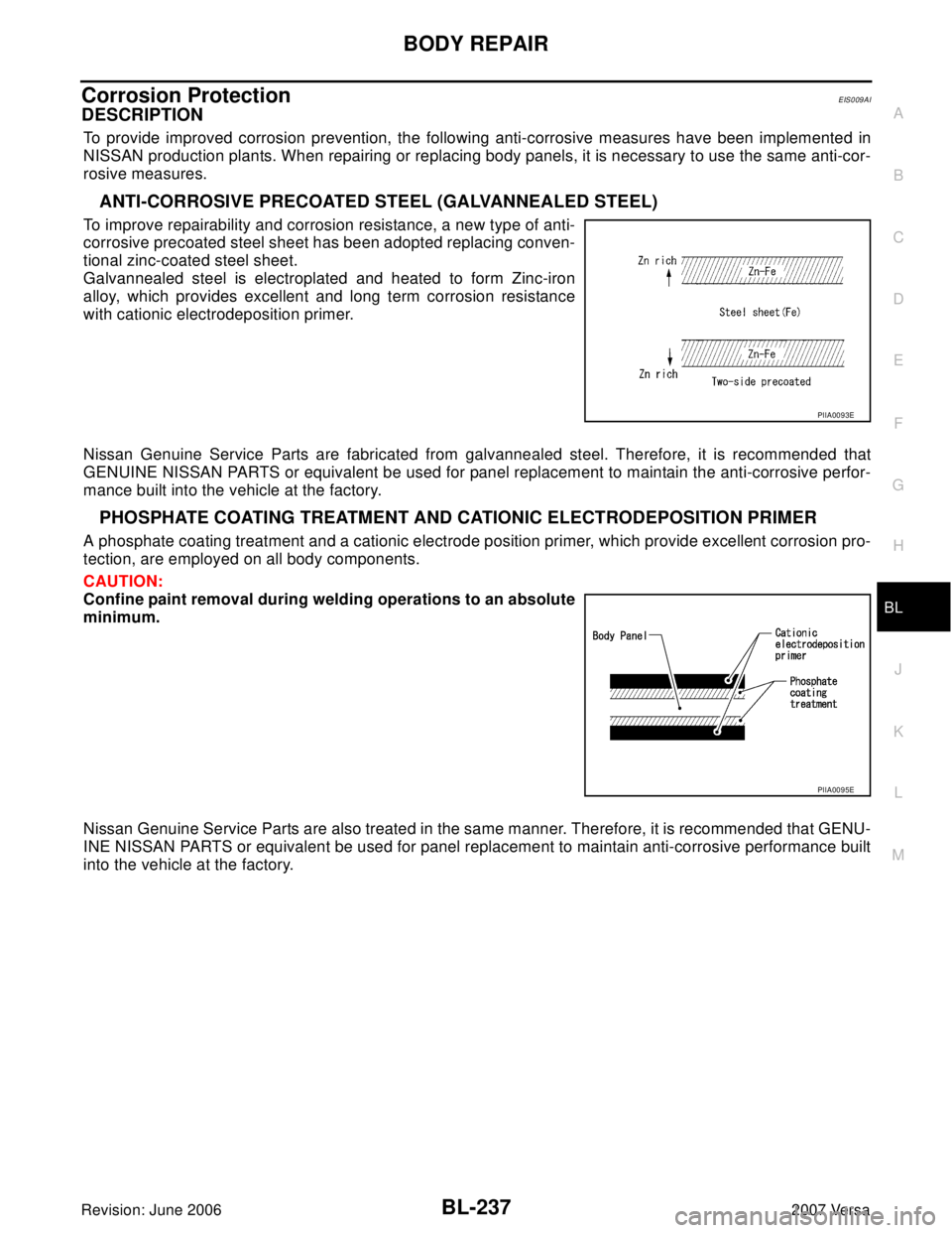 NISSAN LATIO 2007  Service Repair Manual BODY REPAIR
BL-237
C
D
E
F
G
H
J
K
L
MA
B
BL
Revision: June 20062007 Versa
Corrosion ProtectionEIS009AI
DESCRIPTION
To provide improved corrosion prevention, the following anti-corrosive measures have