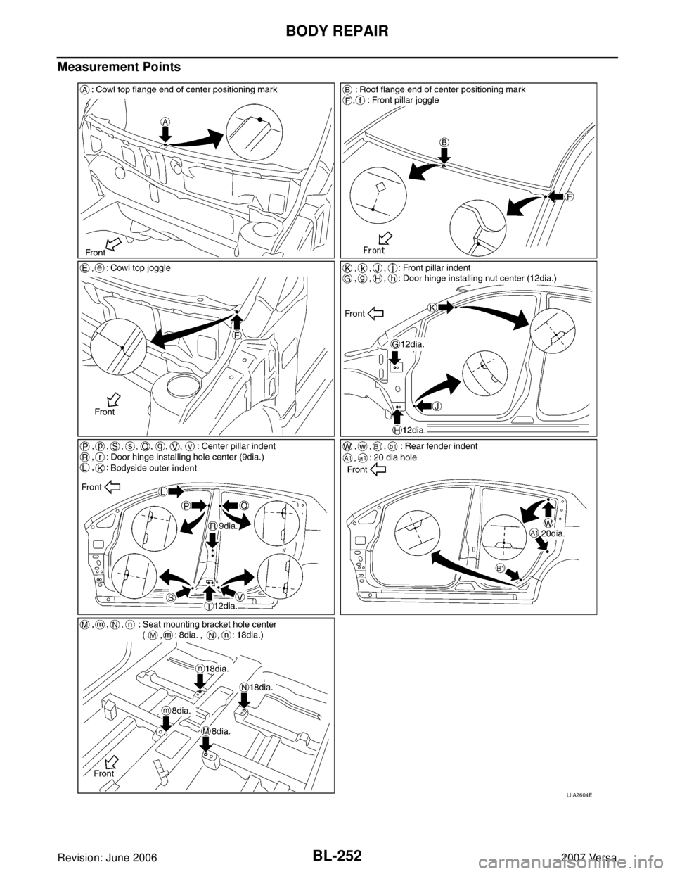 NISSAN LATIO 2007  Service Repair Manual BL-252
BODY REPAIR
Revision: June 20062007 Versa
Measurement Points
LIIA2604E 