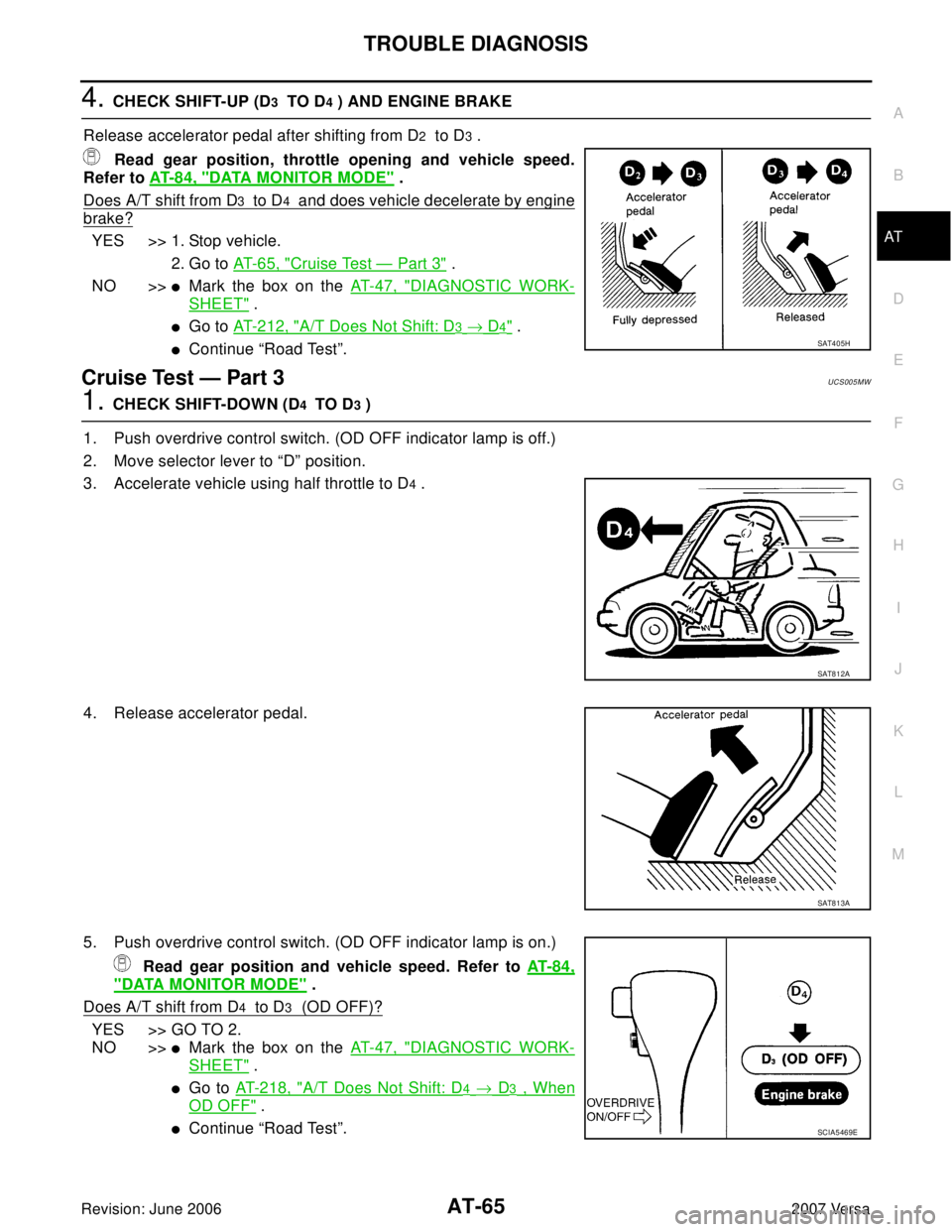 NISSAN LATIO 2007  Service Repair Manual TROUBLE DIAGNOSIS
AT-65
D
E
F
G
H
I
J
K
L
MA
B
AT
Revision: June 20062007 Versa
4. CHECK SHIFT-UP (D3  TO D4 ) AND ENGINE BRAKE 
Release accelerator pedal after shifting from D
2  to D3 .
 Read gear p