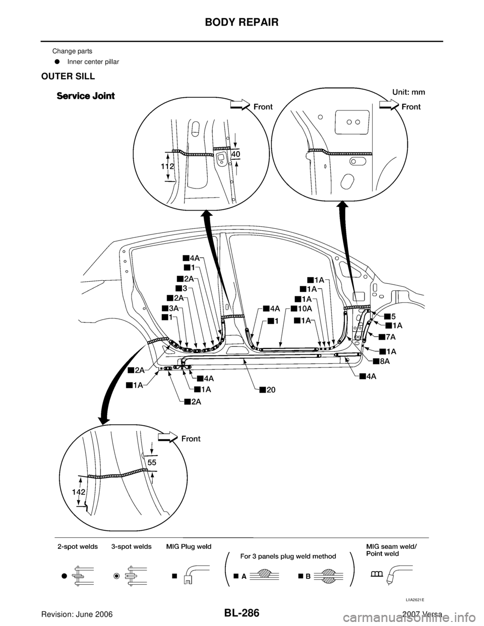 NISSAN LATIO 2007  Service Repair Manual BL-286
BODY REPAIR
Revision: June 20062007 Versa
OUTER SILL 
Change parts
Inner center pillar 
LIIA2621E 