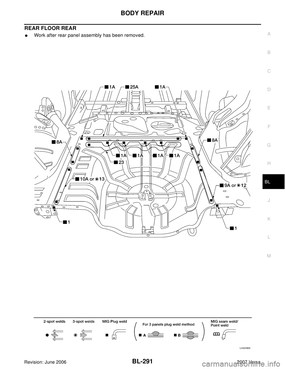 NISSAN LATIO 2007  Service Repair Manual BODY REPAIR
BL-291
C
D
E
F
G
H
J
K
L
MA
B
BL
Revision: June 20062007 Versa
REAR FLOOR REAR
Work after rear panel assembly has been removed.
LIIA2586E 