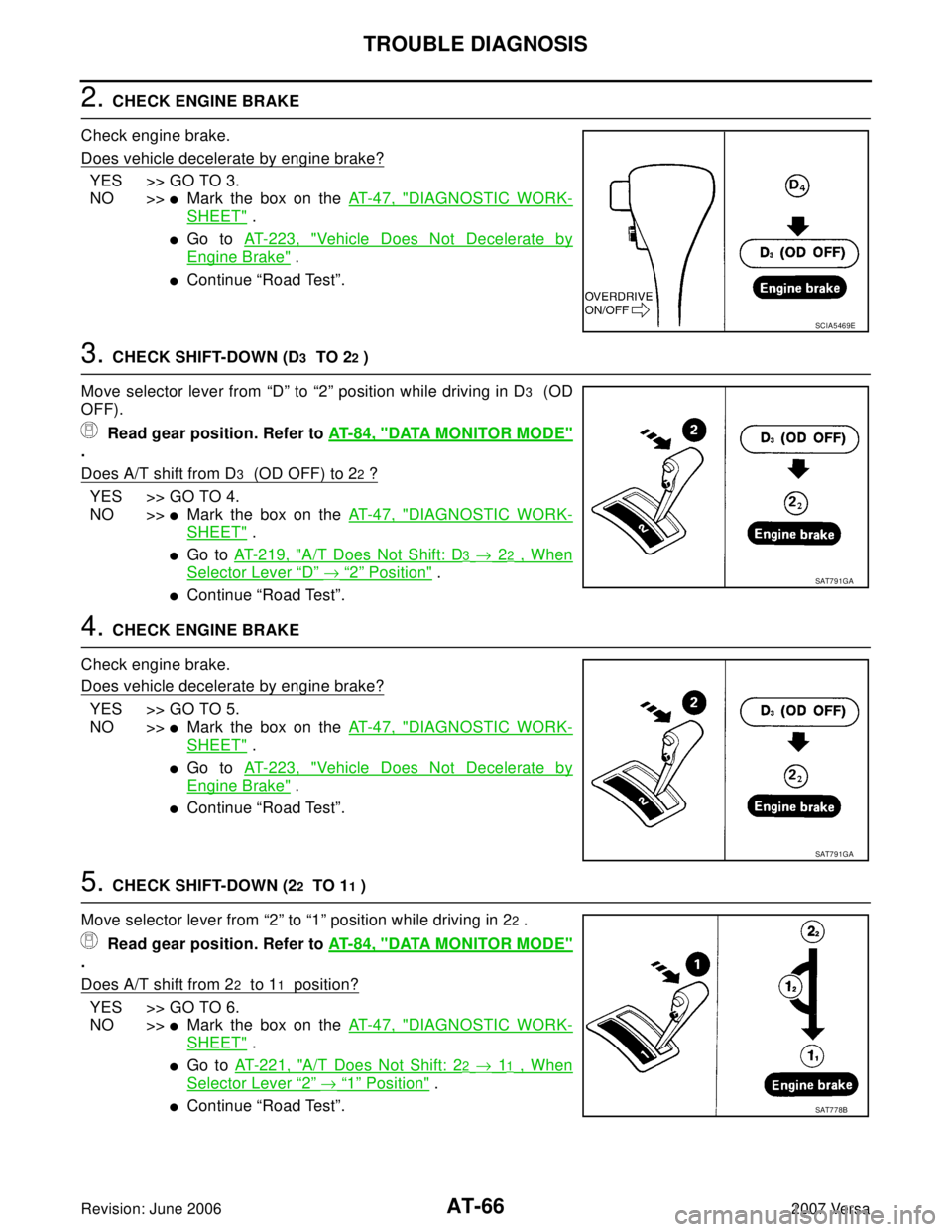 NISSAN LATIO 2007  Service Repair Manual AT-66
TROUBLE DIAGNOSIS
Revision: June 20062007 Versa
2. CHECK ENGINE BRAKE
Check engine brake.
Does vehicle decelerate by engine brake?
YES >> GO TO 3.
NO >>
Mark the box on the AT - 4 7 ,  "DIAGNOS