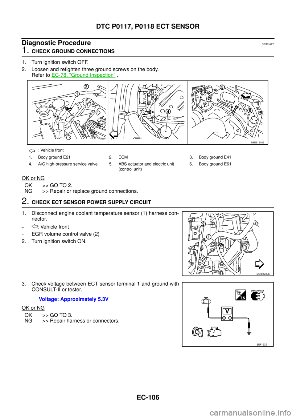 NISSAN NAVARA 2005  Repair Workshop Manual EC-106
DTC P0117, P0118 ECT SENSOR
Diagnostic Procedure
EBS01KEF
1.CHECK GROUND CONNECTIONS
1. Turn ignition switch OFF.
2. Loosen and retighten three ground screws on the body.
Refer toEC-78, "
Groun