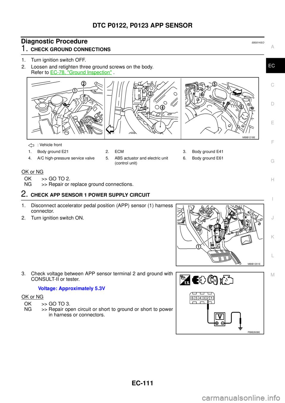 NISSAN NAVARA 2005  Repair Workshop Manual DTC P0122, P0123 APP SENSOR
EC-111
C
D
E
F
G
H
I
J
K
L
MA
EC
Diagnostic ProcedureEBS01KEO
1.CHECK GROUND CONNECTIONS
1. Turn ignition switch OFF.
2. Loosen and retighten three ground screws on the bod