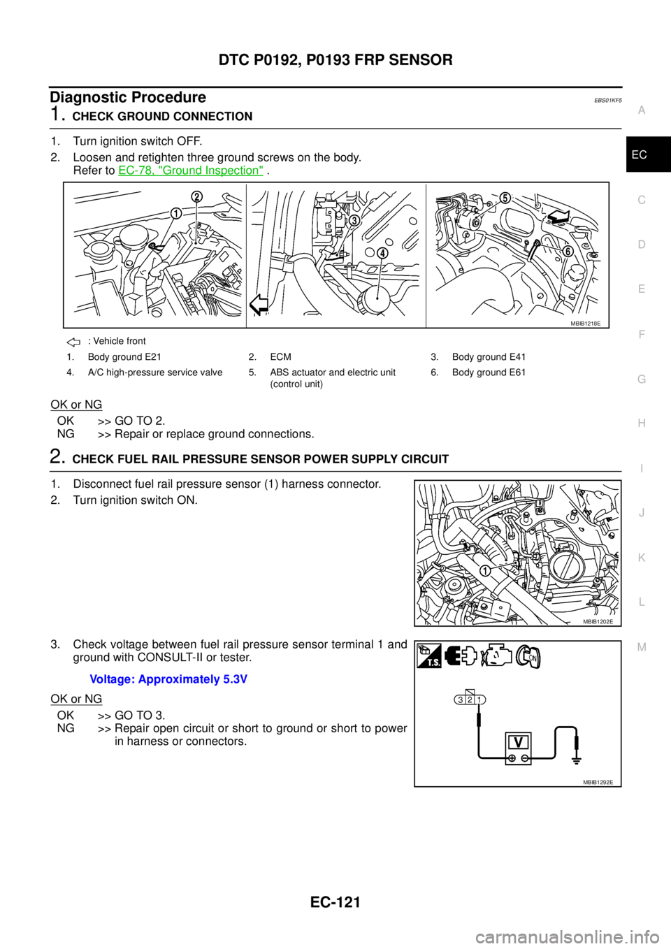 NISSAN NAVARA 2005  Repair Workshop Manual DTC P0192, P0193 FRP SENSOR
EC-121
C
D
E
F
G
H
I
J
K
L
MA
EC
Diagnostic ProcedureEBS01KF5
1.CHECK GROUND CONNECTION
1. Turn ignition switch OFF.
2. Loosen and retighten three ground screws on the body