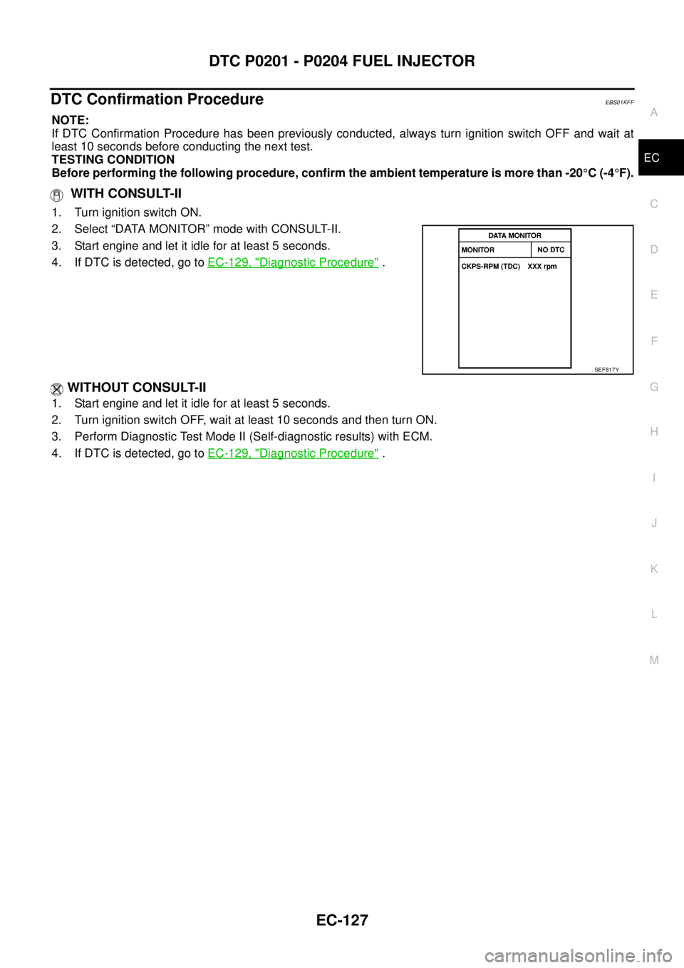 NISSAN NAVARA 2005  Repair Workshop Manual DTC P0201 - P0204 FUEL INJECTOR
EC-127
C
D
E
F
G
H
I
J
K
L
MA
EC
DTC Confirmation ProcedureEBS01KFF
NOTE:
If DTC Confirmation Procedure has been previously conducted, always turn ignition switch OFF a