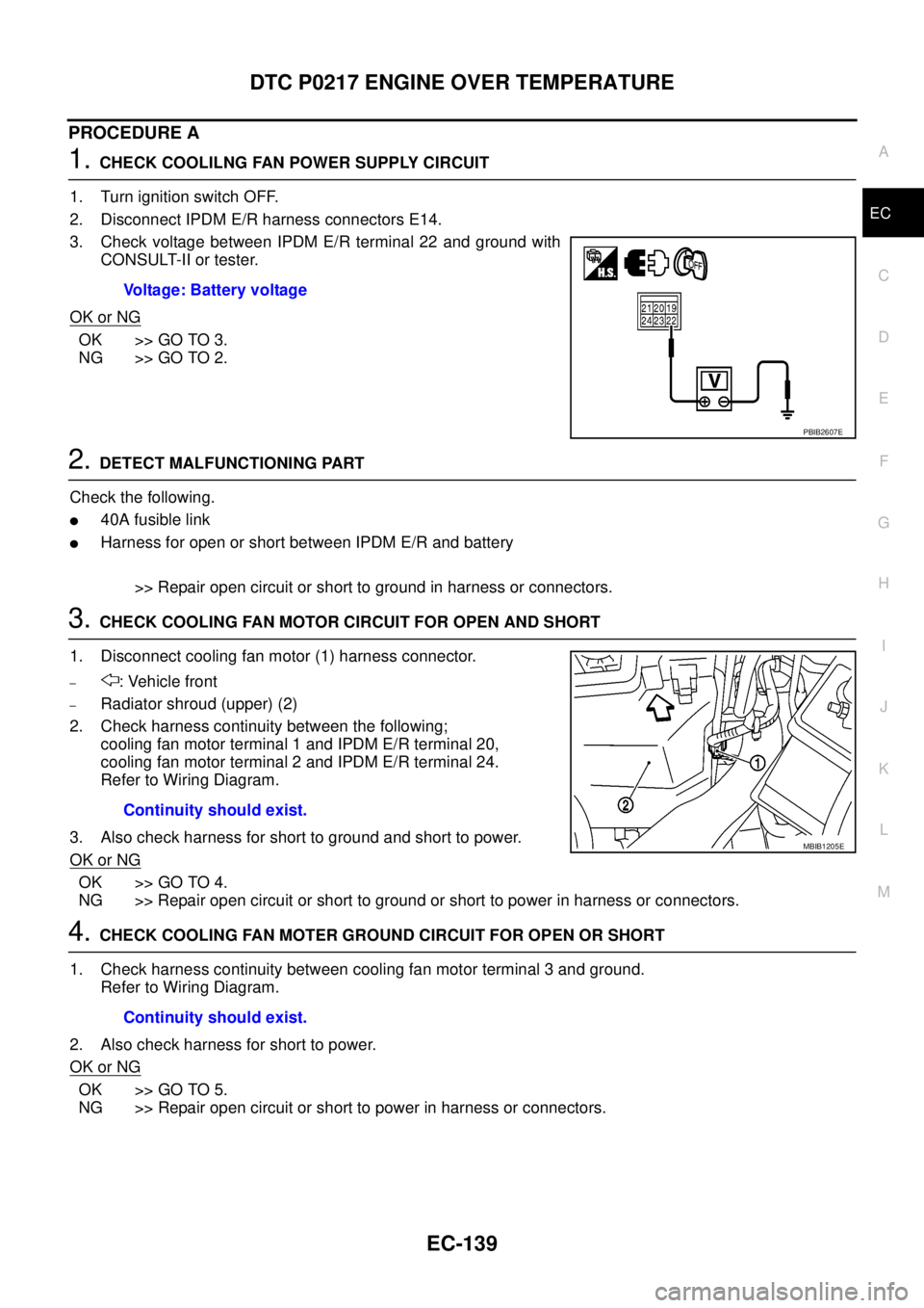NISSAN NAVARA 2005 Repair Workshop Manual DTC P0217 ENGINE OVER TEMPERATURE
EC-139
C
D
E
F
G
H
I
J
K
L
MA
EC
PROCEDURE A
1.CHECK COOLILNG FAN POWER SUPPLY CIRCUIT
1. Turn ignition switch OFF.
2. Disconnect IPDM E/R harness connectors E14.
3. NISSAN NAVARA 2005 Repair Workshop Manual DTC P0217 ENGINE OVER TEMPERATURE
EC-139
C
D
E
F
G
H
I
J
K
L
MA
EC
PROCEDURE A
1.CHECK COOLILNG FAN POWER SUPPLY CIRCUIT
1. Turn ignition switch OFF.
2. Disconnect IPDM E/R harness connectors E14.
3.