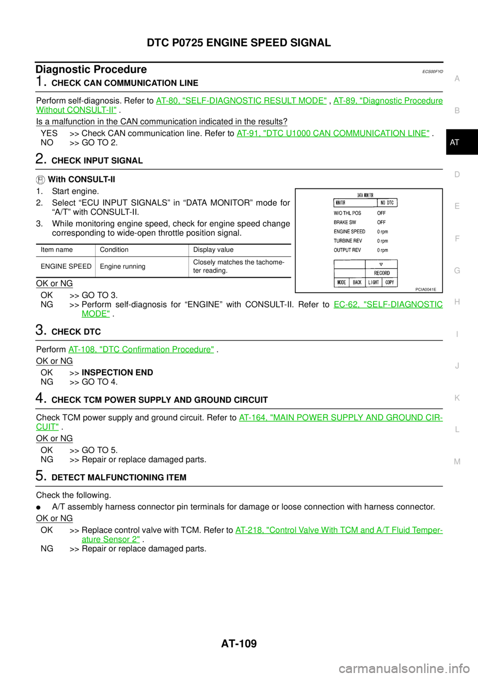 NISSAN NAVARA 2005 Repair Workshop Manual DTC P0725 ENGINE SPEED SIGNAL
AT-109
D
E
F
G
H
I
J
K
L
MA
B
AT
Diagnostic ProcedureECS00FYD
1.CHECK CAN COMMUNICATION LINE
Perform self-diagnosis. Refer toAT-80, "
SELF-DIAGNOSTIC RESULT MODE",AT-89, NISSAN NAVARA 2005 Repair Workshop Manual DTC P0725 ENGINE SPEED SIGNAL
AT-109
D
E
F
G
H
I
J
K
L
MA
B
AT
Diagnostic ProcedureECS00FYD
1.CHECK CAN COMMUNICATION LINE
Perform self-diagnosis. Refer toAT-80, "
SELF-DIAGNOSTIC RESULT MODE",AT-89,