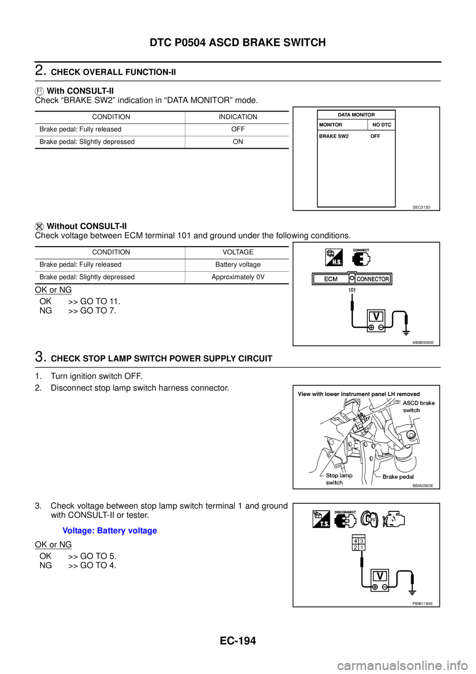 NISSAN NAVARA 2005  Repair Workshop Manual EC-194
DTC P0504 ASCD BRAKE SWITCH
2.CHECK OVERALL FUNCTION-II
With CONSULT-II
Check “BRAKE SW2” indication in “DATA MONITOR” mode.
Without CONSULT-II
Check voltage between ECM terminal 101 an